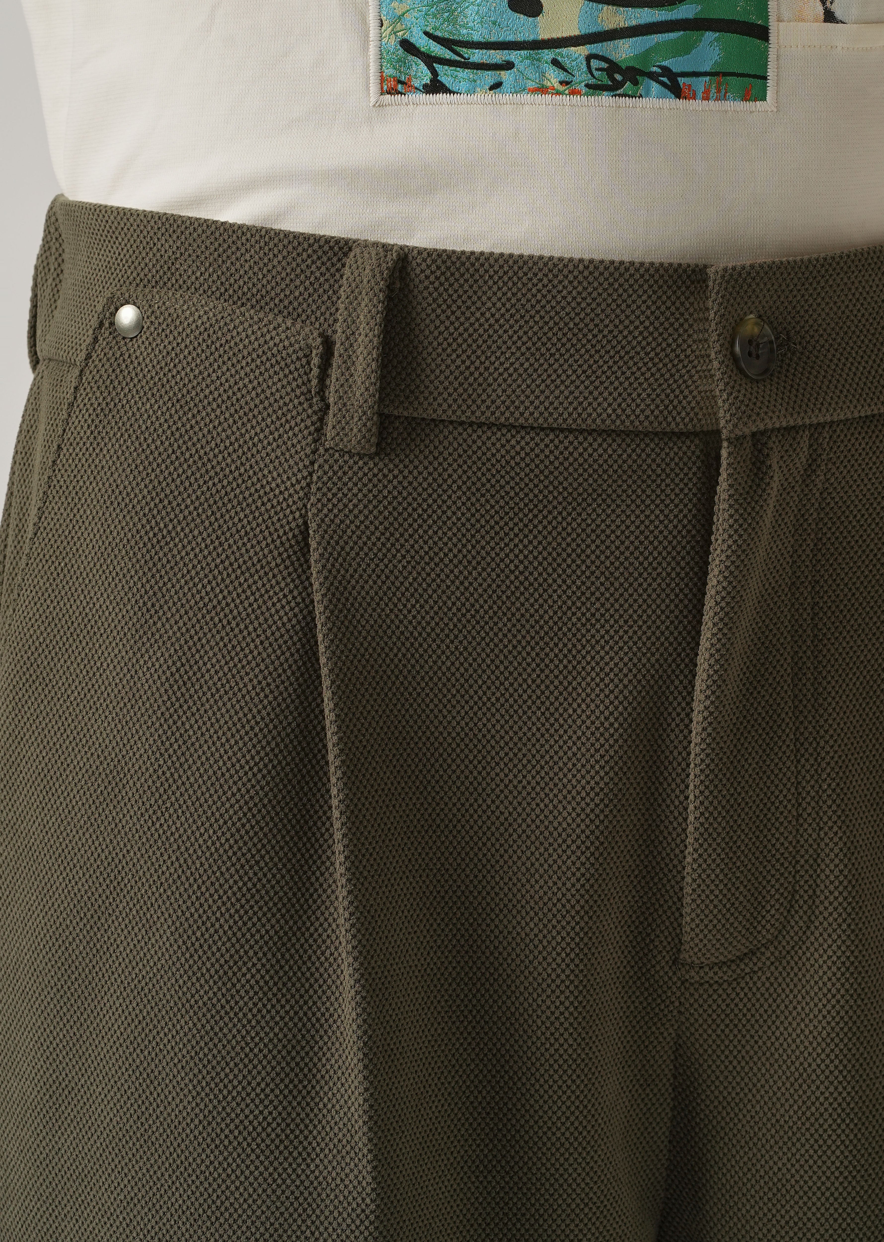 Olive Textured Pleated Relaxed Fit Pant