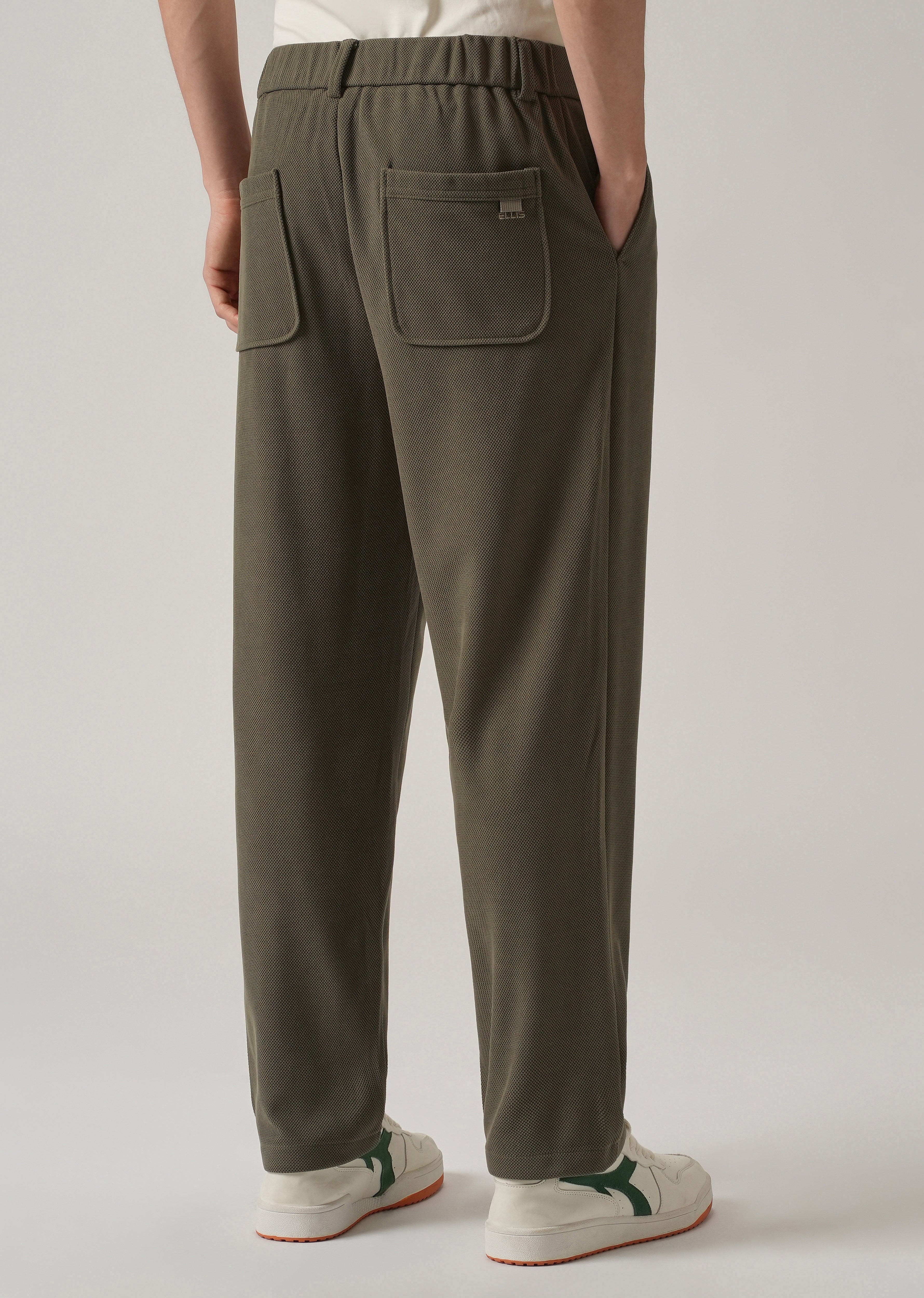 Olive Textured Pleated Relaxed Fit Pant
