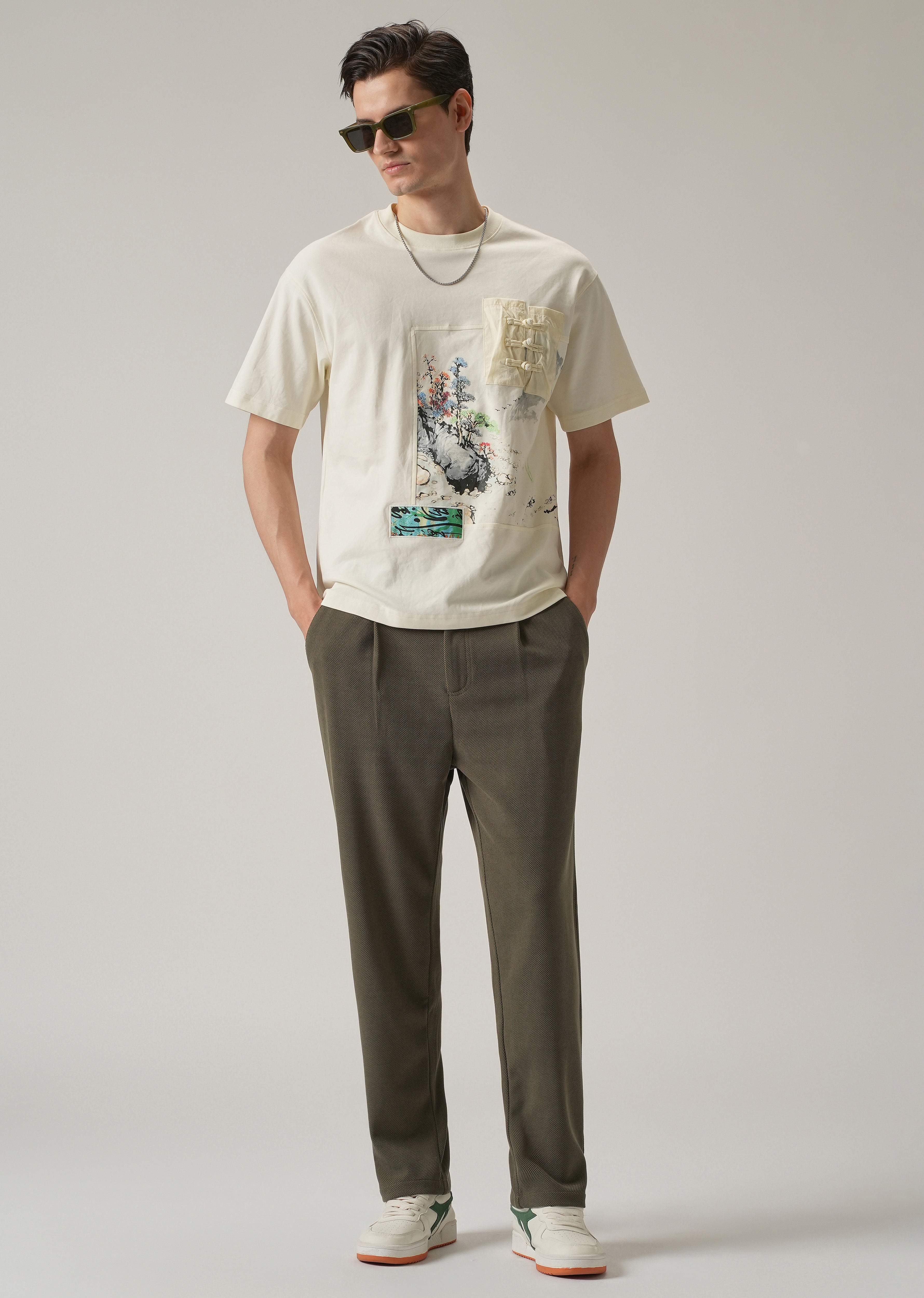 Olive Textured Pleated Relaxed Fit Pant