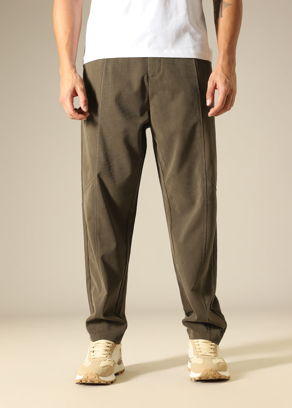 Light Olive Striped Relaxed Fit Trouser