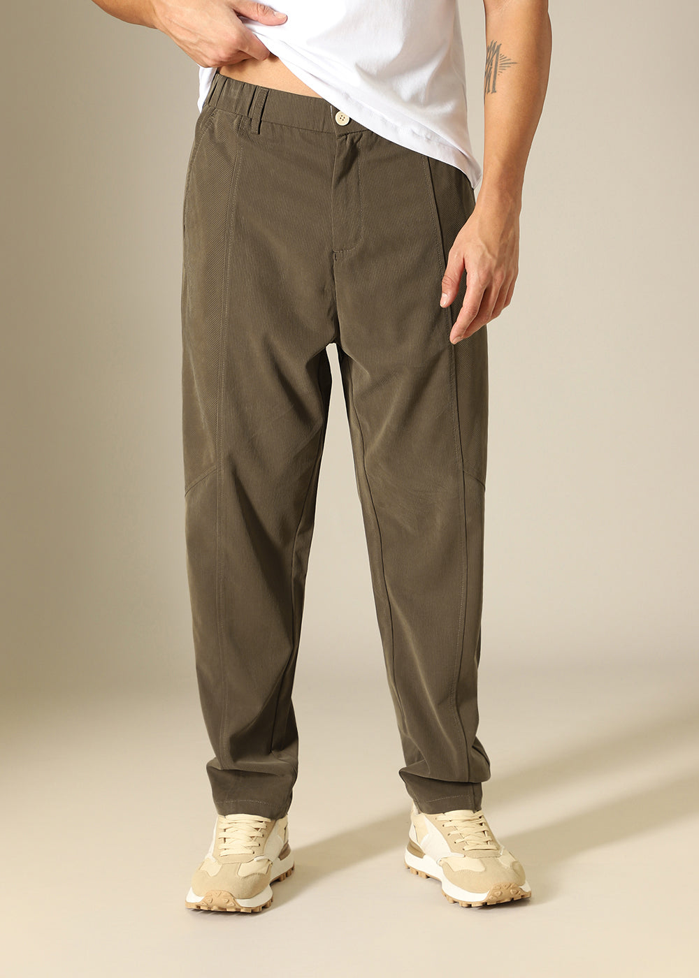 Light Olive Striped Relaxed Fit Trouser