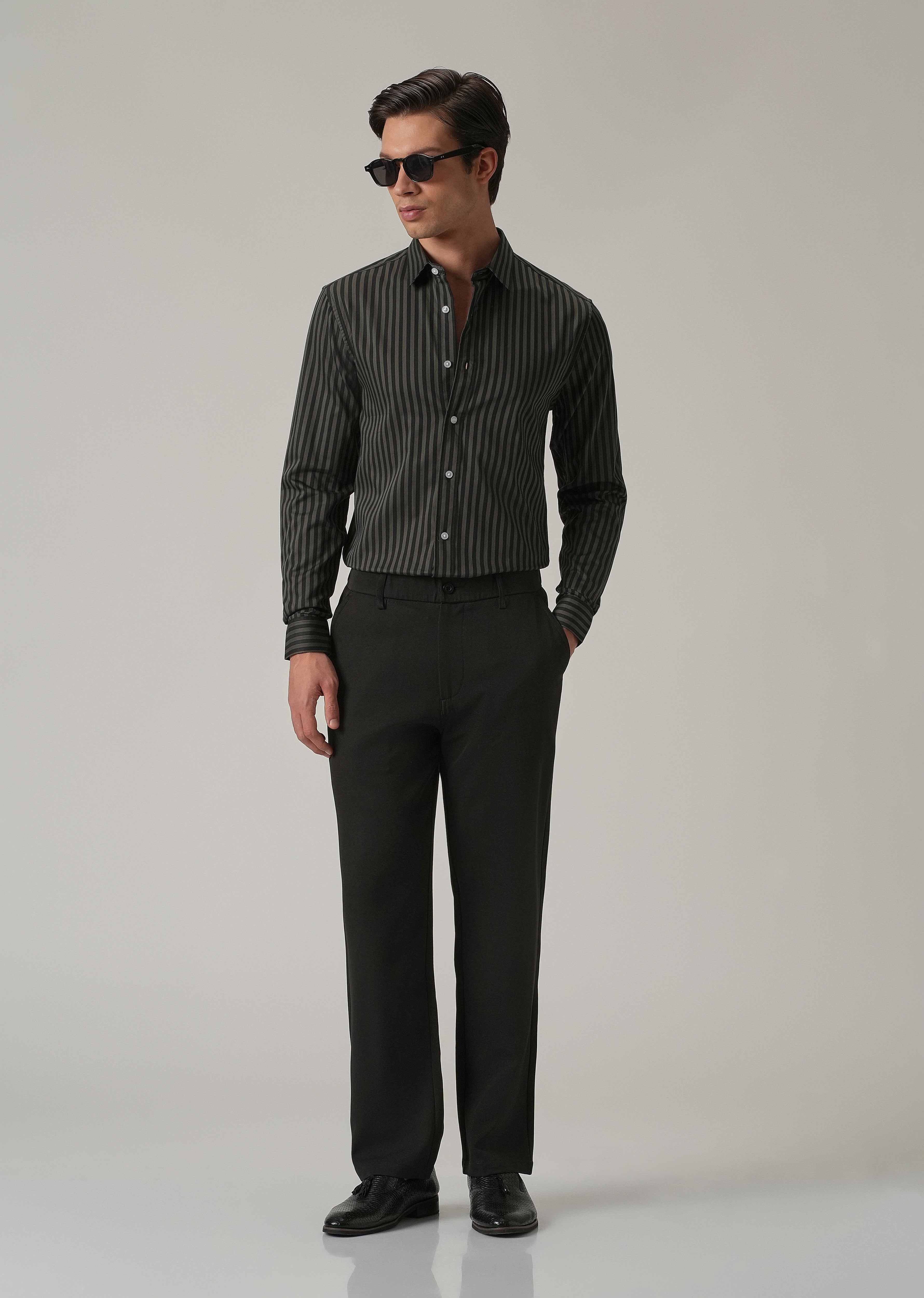 Olive Satin Pin Stripe Shirt