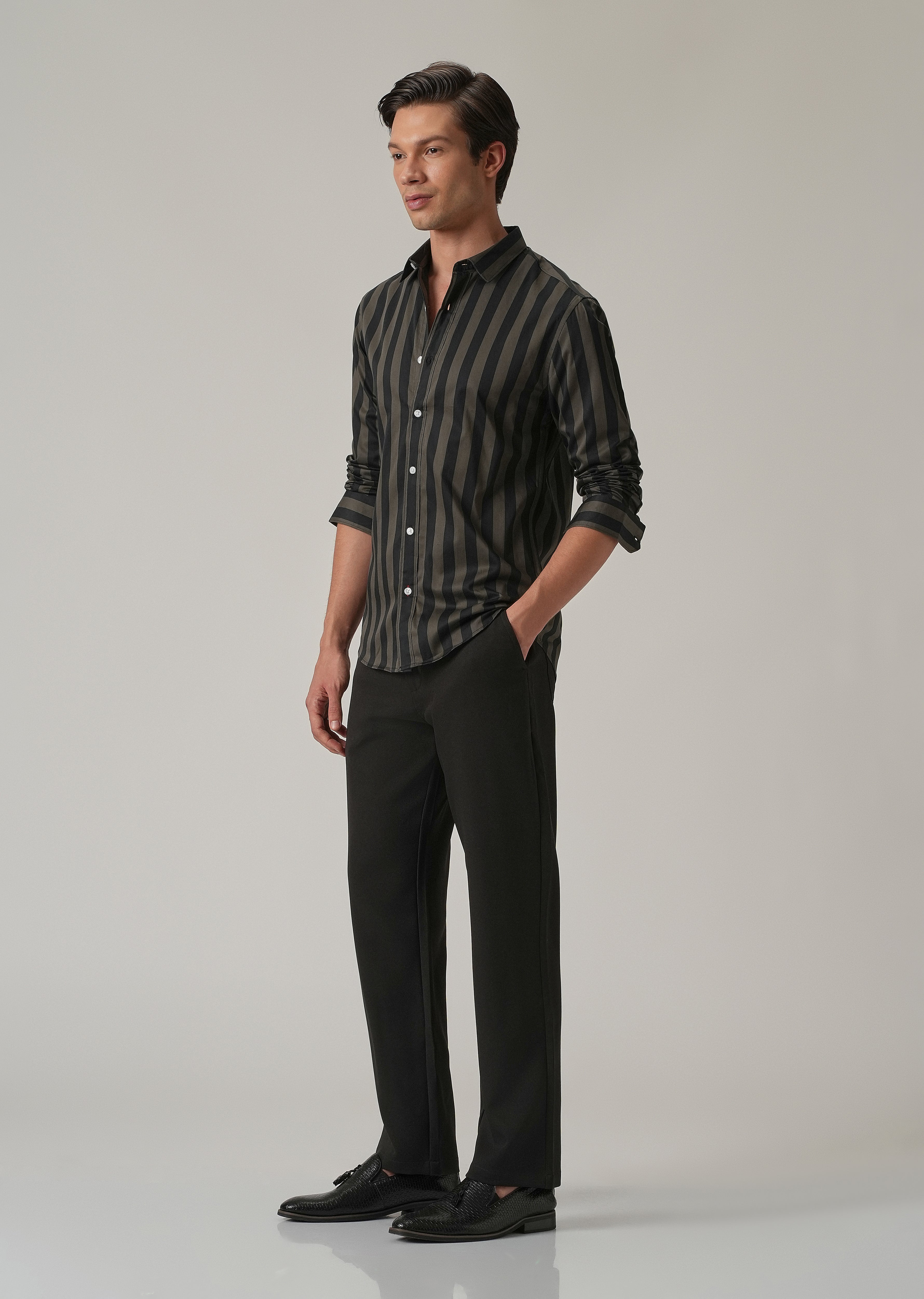 Olive Satin Striped Shirt