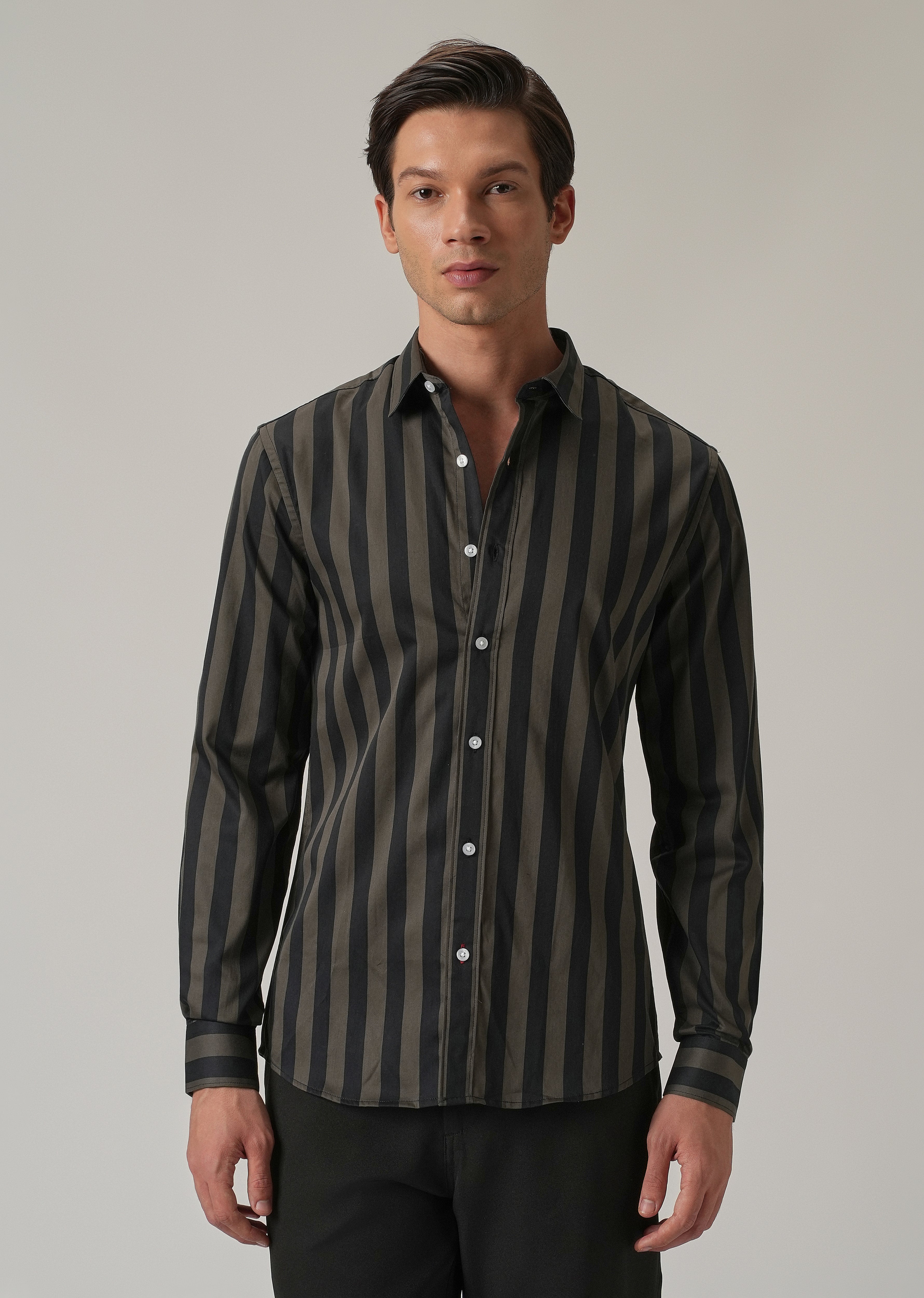 Olive Satin Striped Shirt