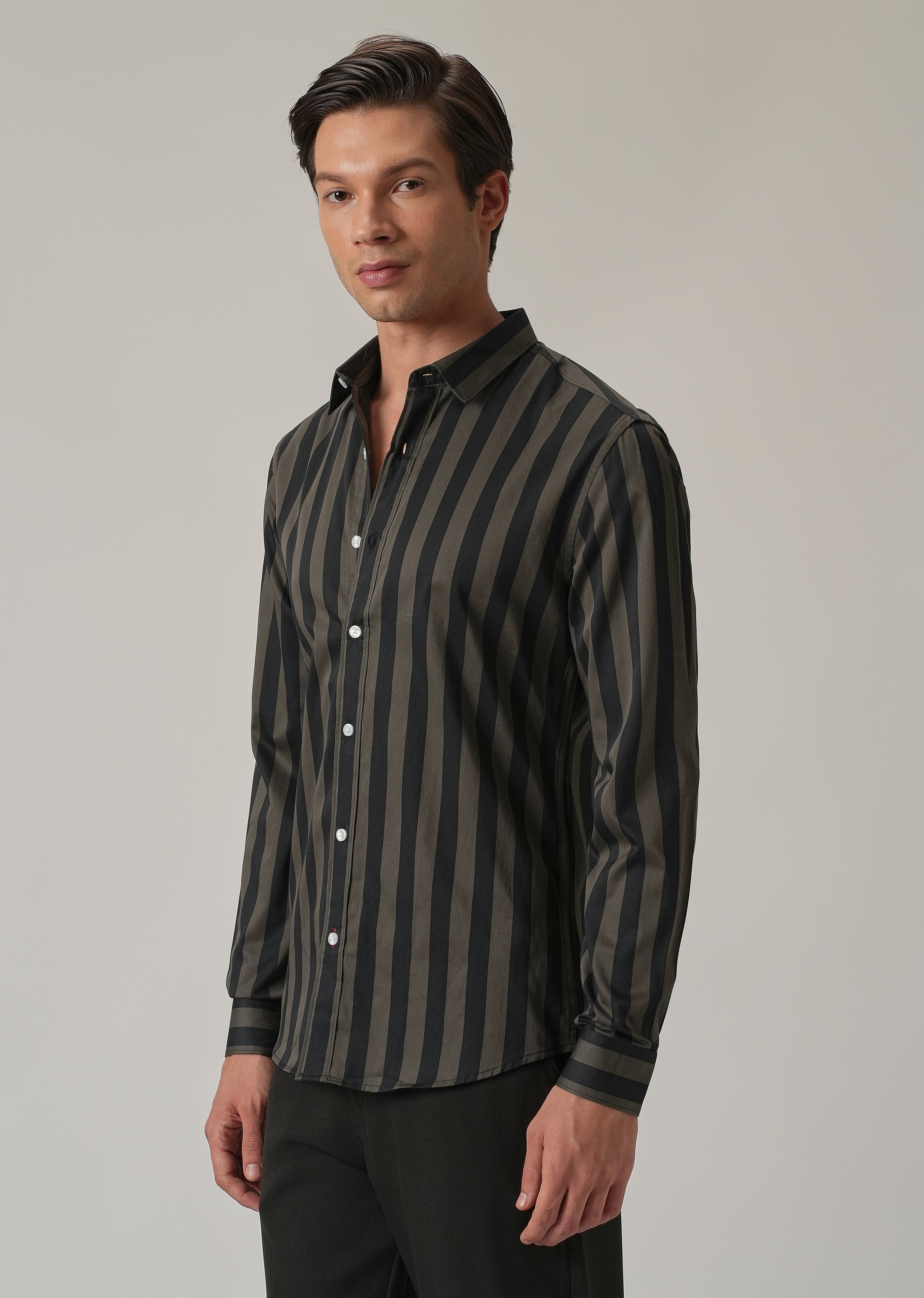 Olive Satin Striped Shirt