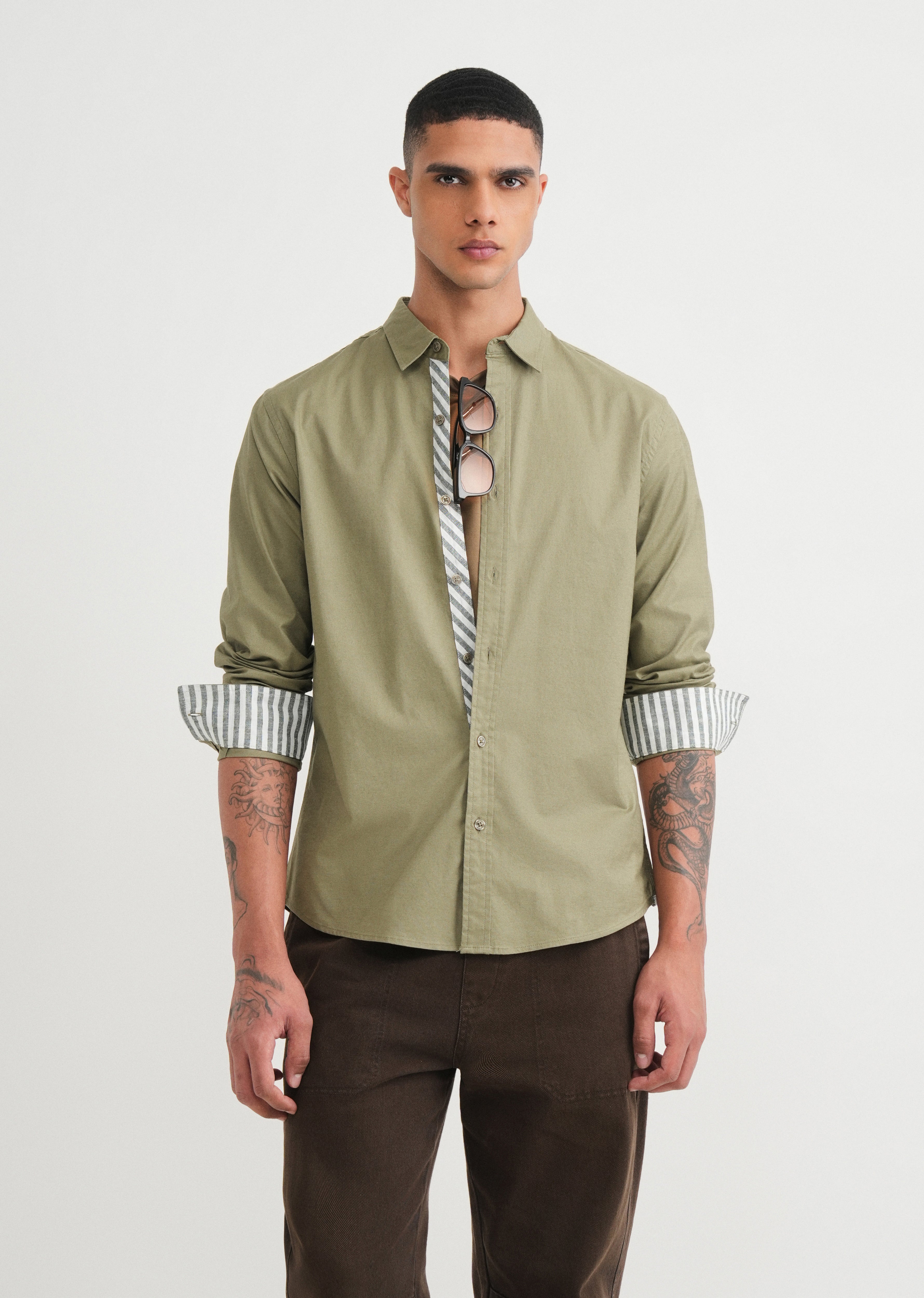 Olive Striped Placket Cotton Shirt