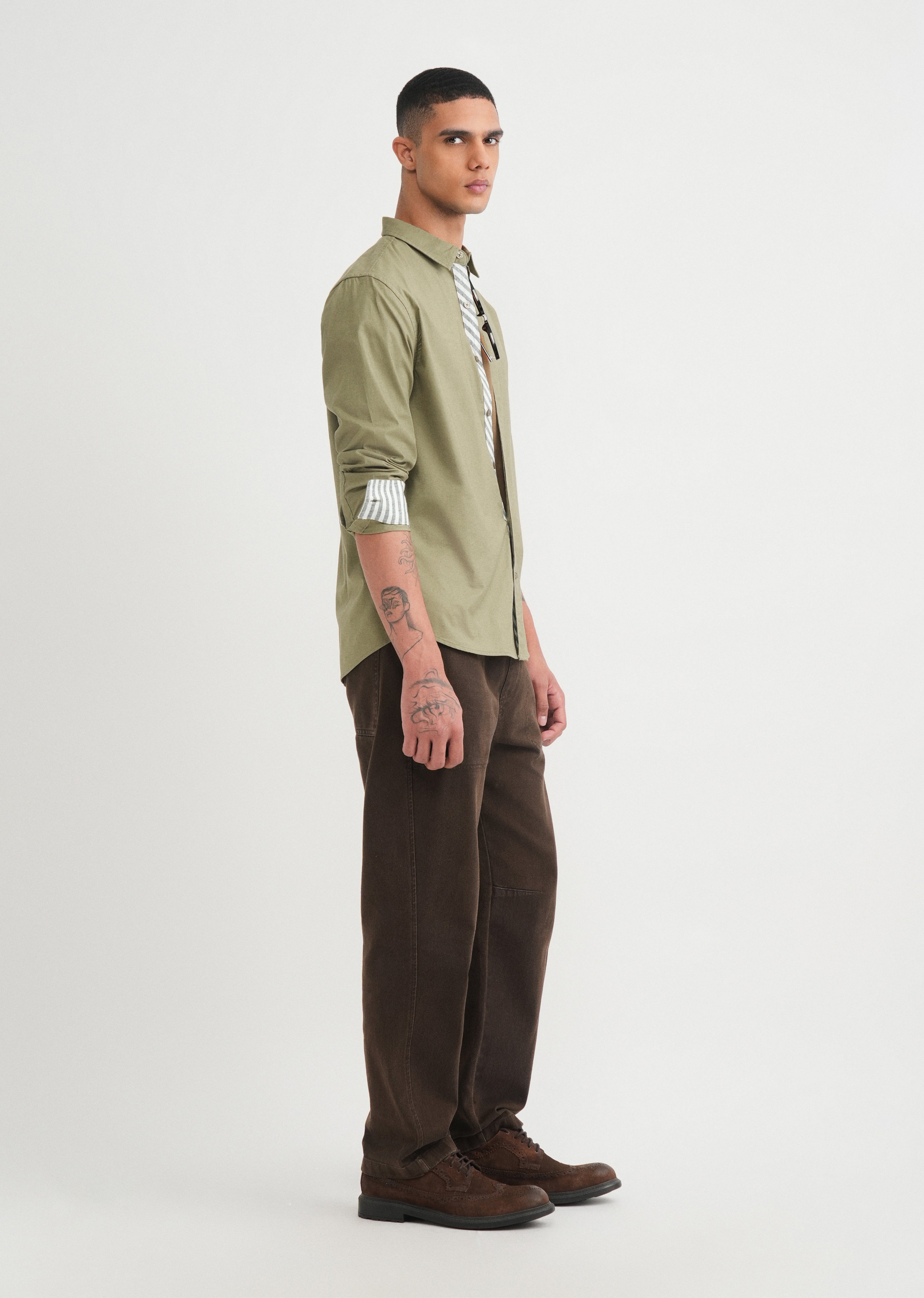 Olive Striped Placket Cotton Shirt