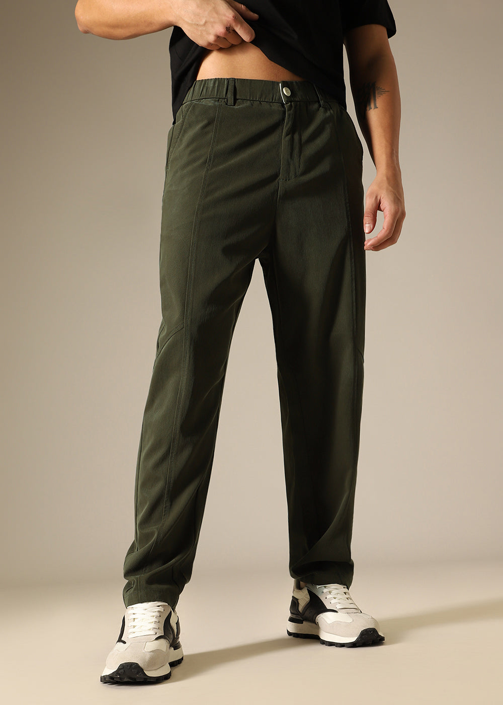 Olive Striped Relaxed Fit Trouser - Main Image