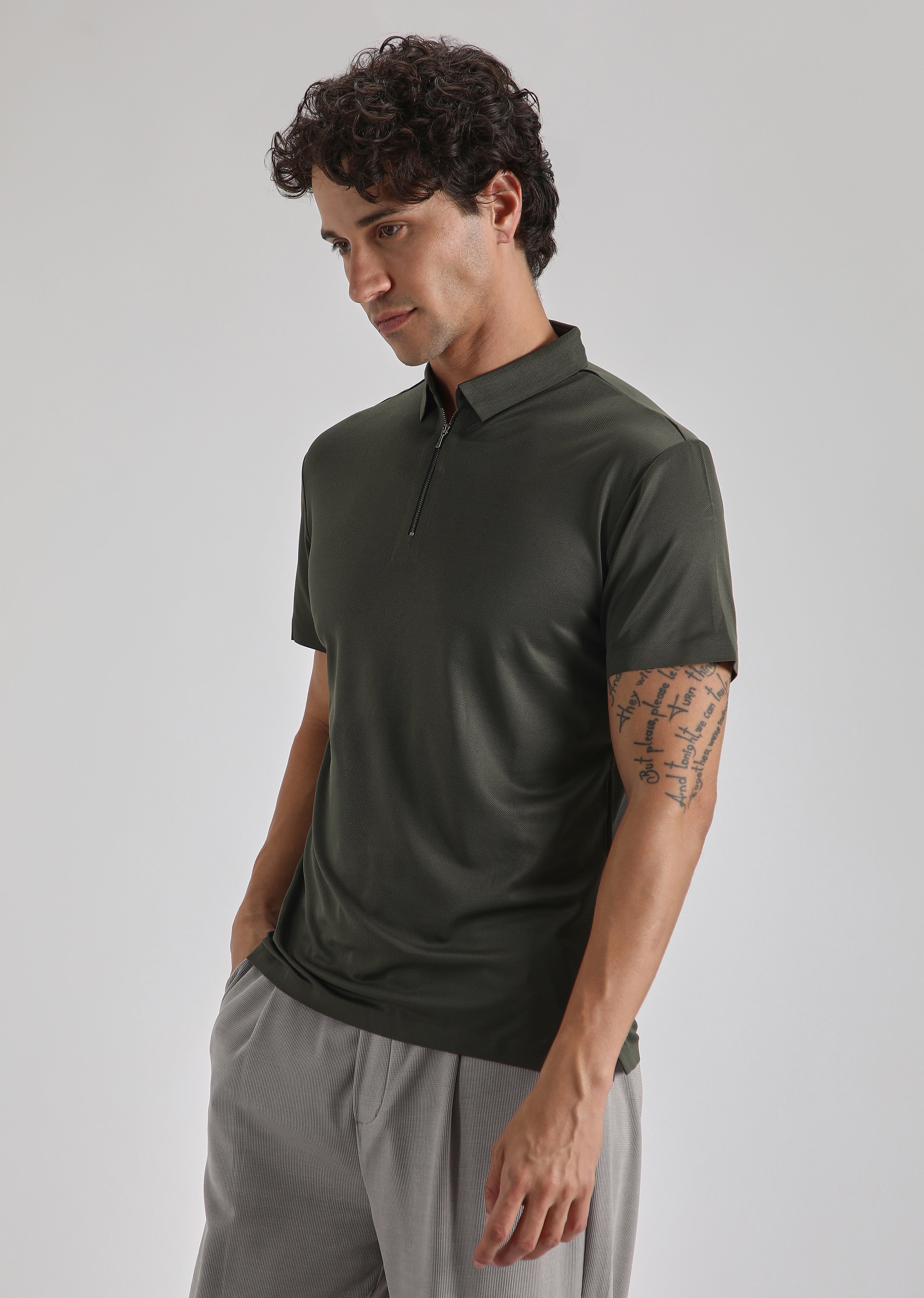 Olive Zipper Stitchless Polo T-shirt