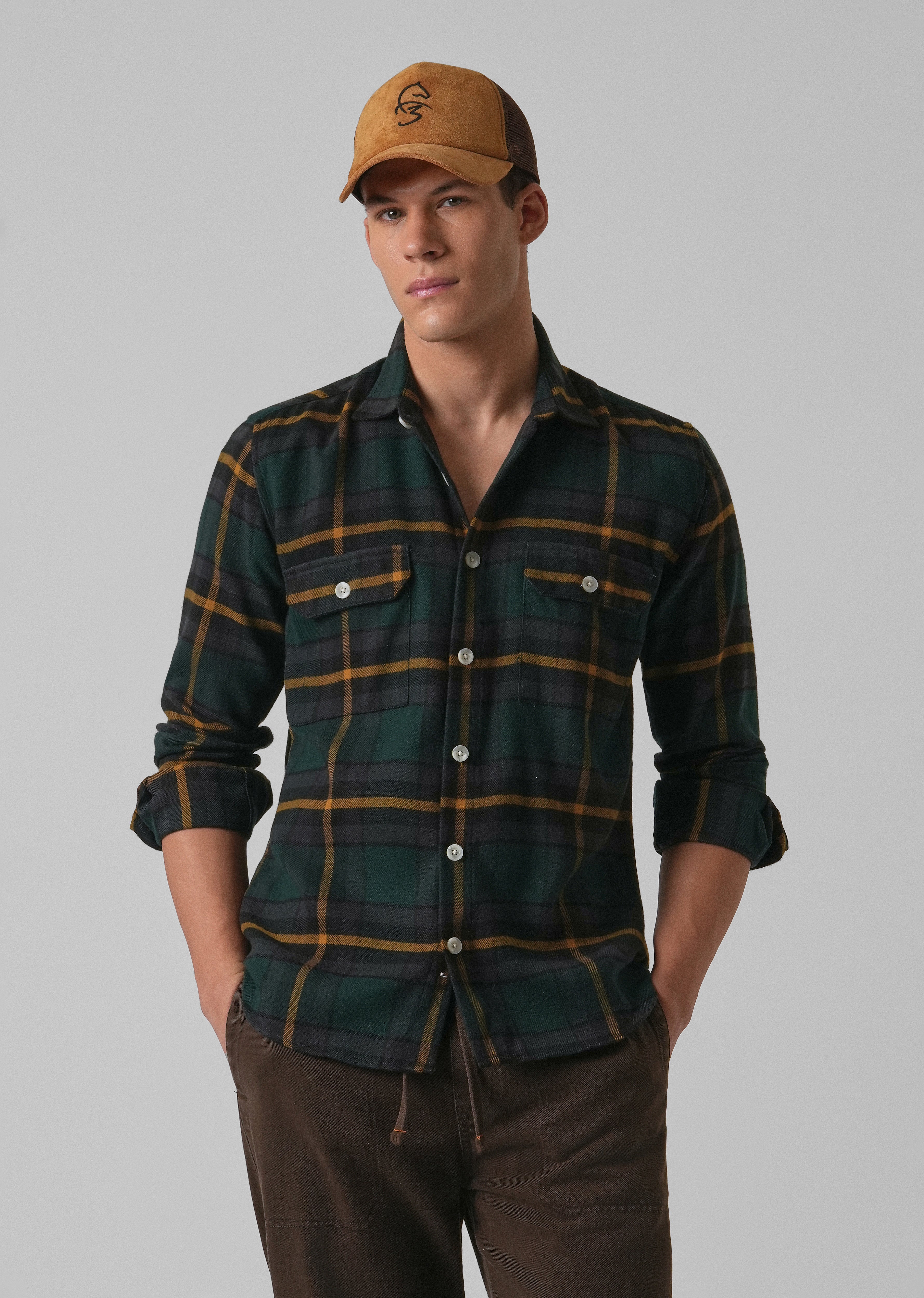 Olive Green Brushed Cotton Check Shirt