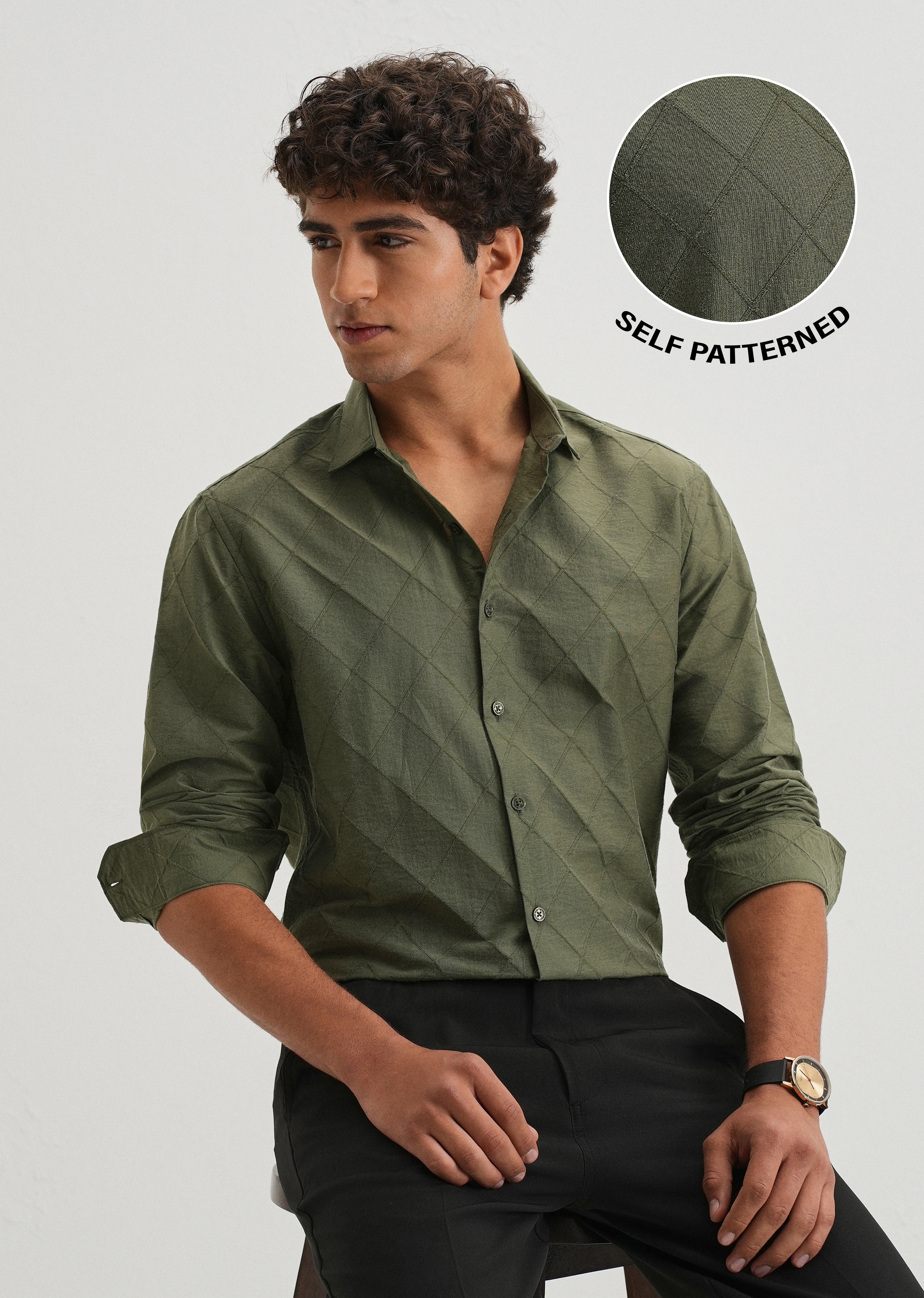 Olive Green Diamond Self Pattern Shirt