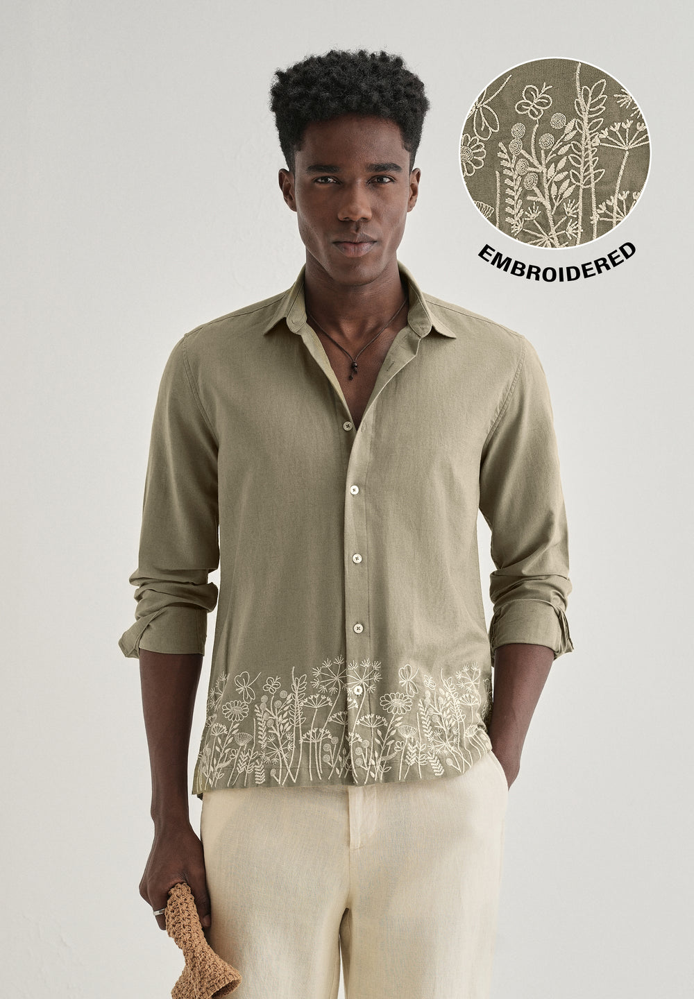 Olive Green Embroidered Cotton Linen Shirt