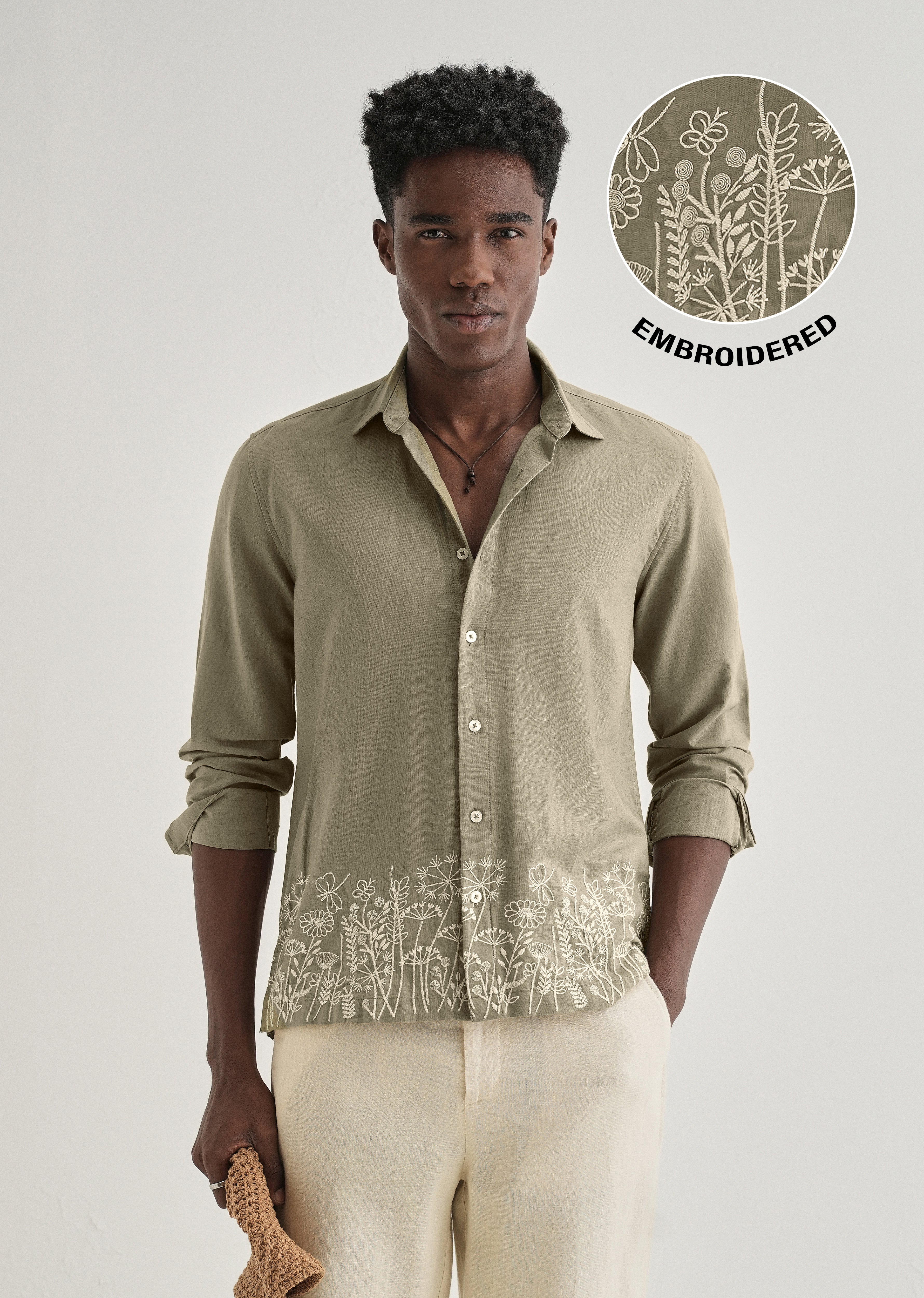 Olive Green Embroidered Cotton Linen Shirt