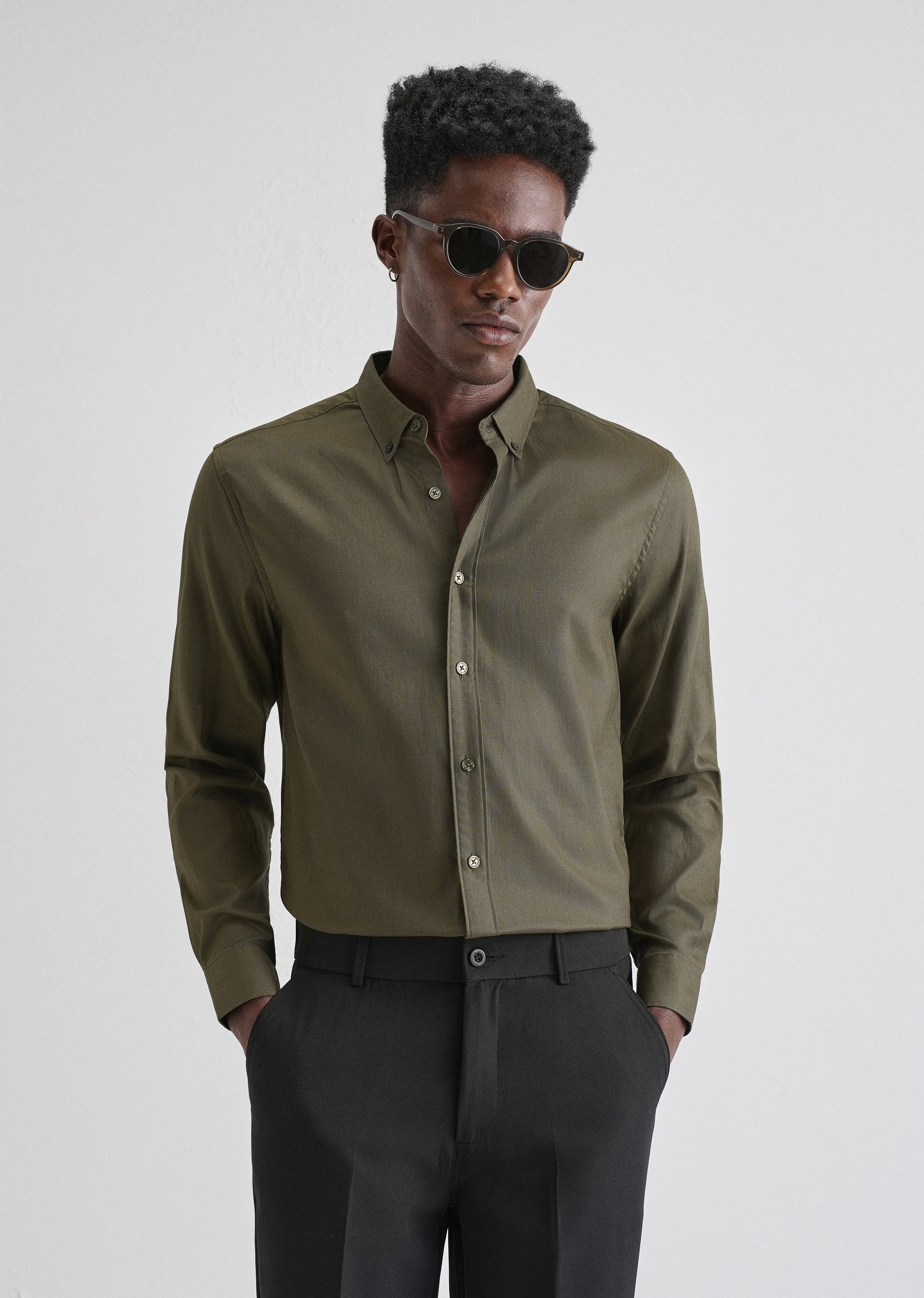 Olive Green Plain Blended Cotton Regular Fit Shirt