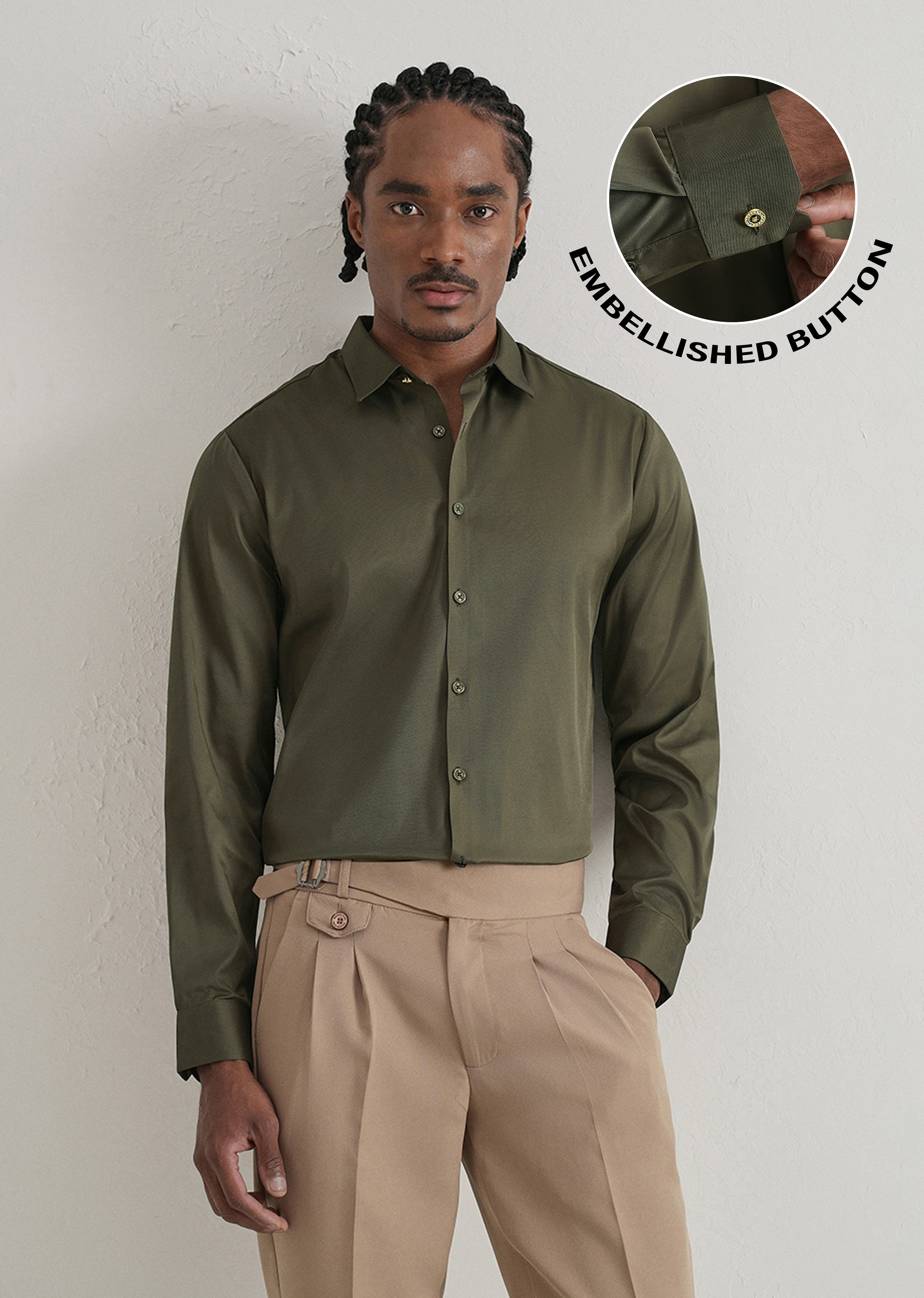 Olive Green Plain Stitchless Placket Shirt