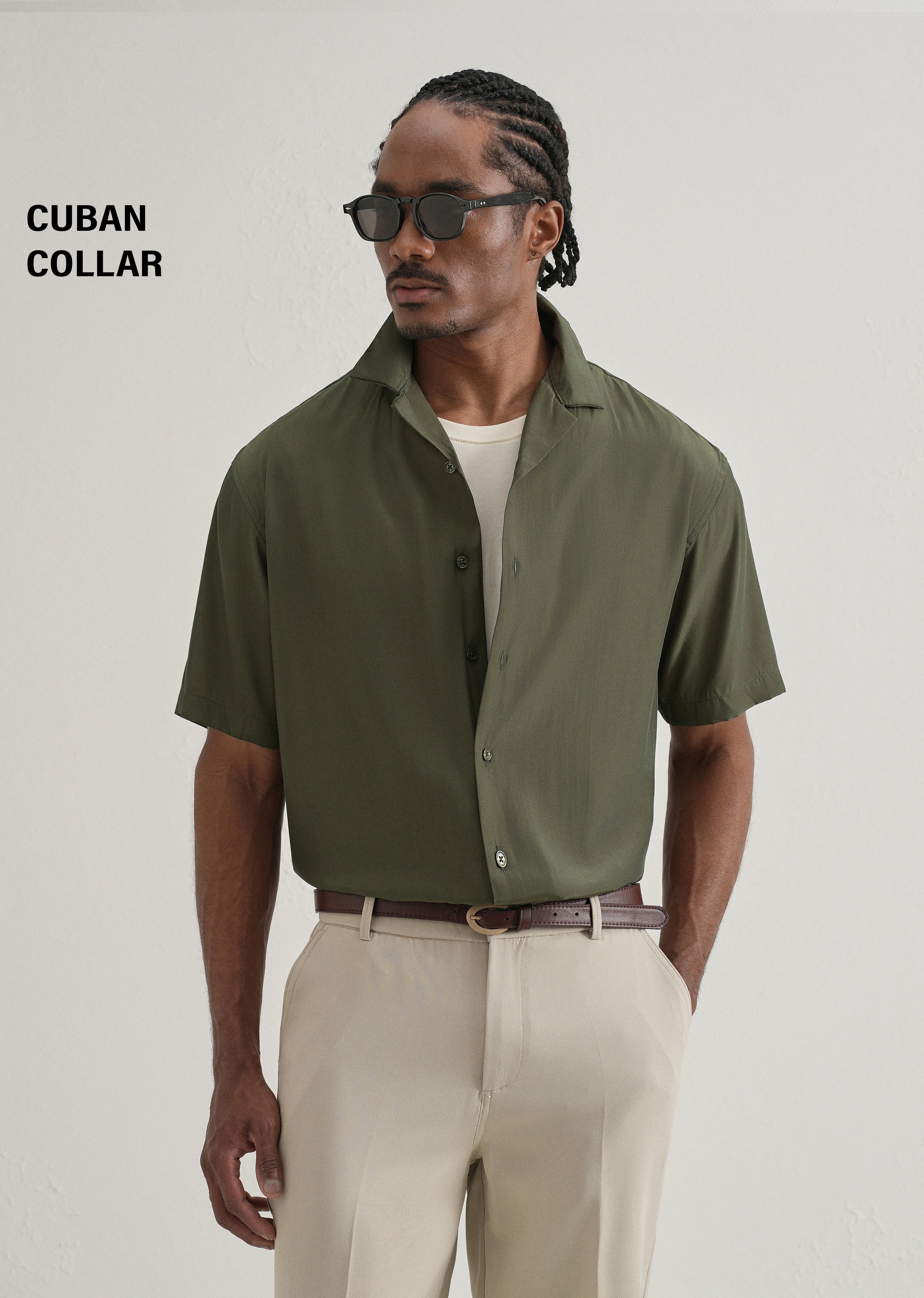 Olive Green Plain Sheen Cuban Collar Shirt