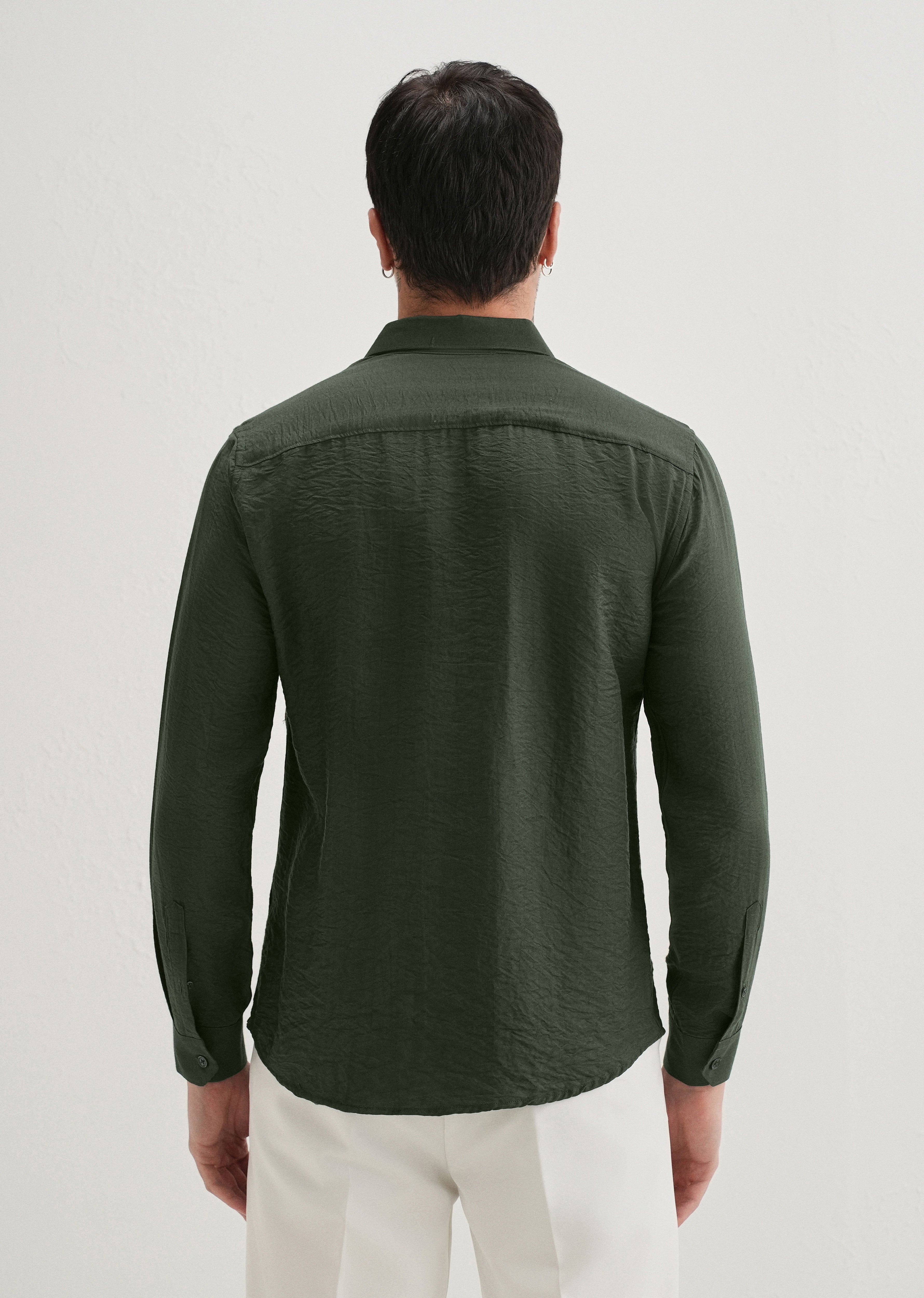 Olive Plain Crushed Satin Shirt