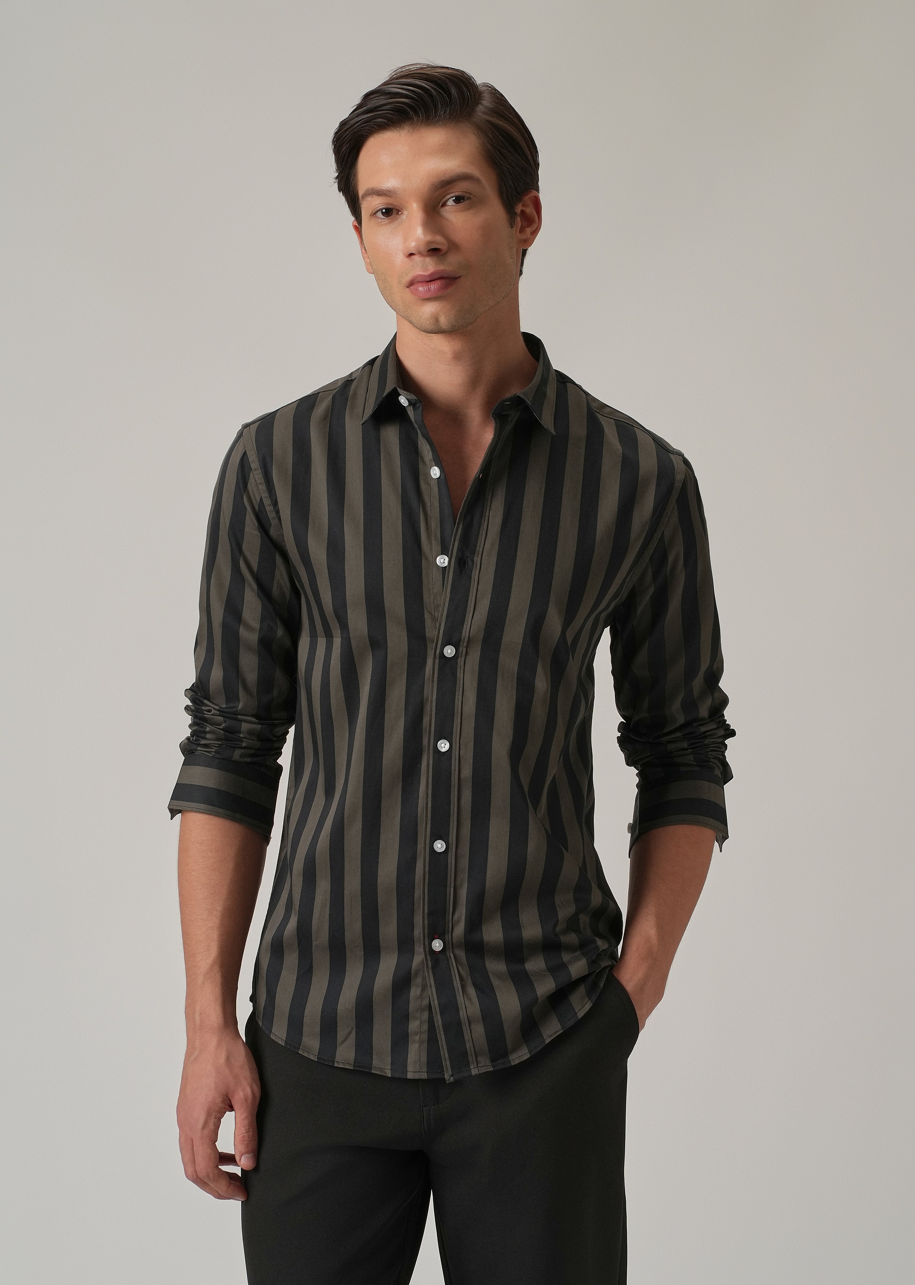 Olive Satin Striped Shirt