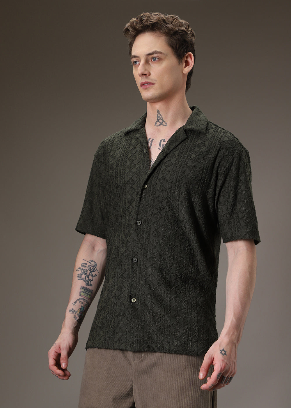 Olive Jacquard Towelling Camp Shirt