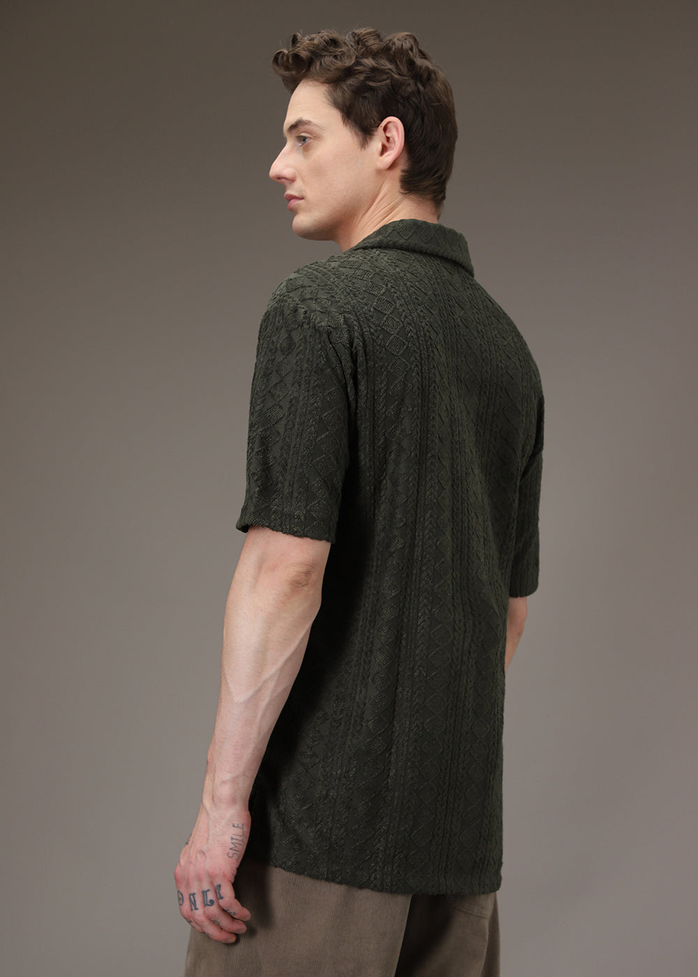 Olive Jacquard Towelling Camp Shirt