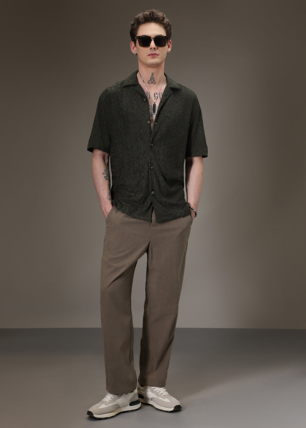 Olive Jacquard Towelling Camp Shirt