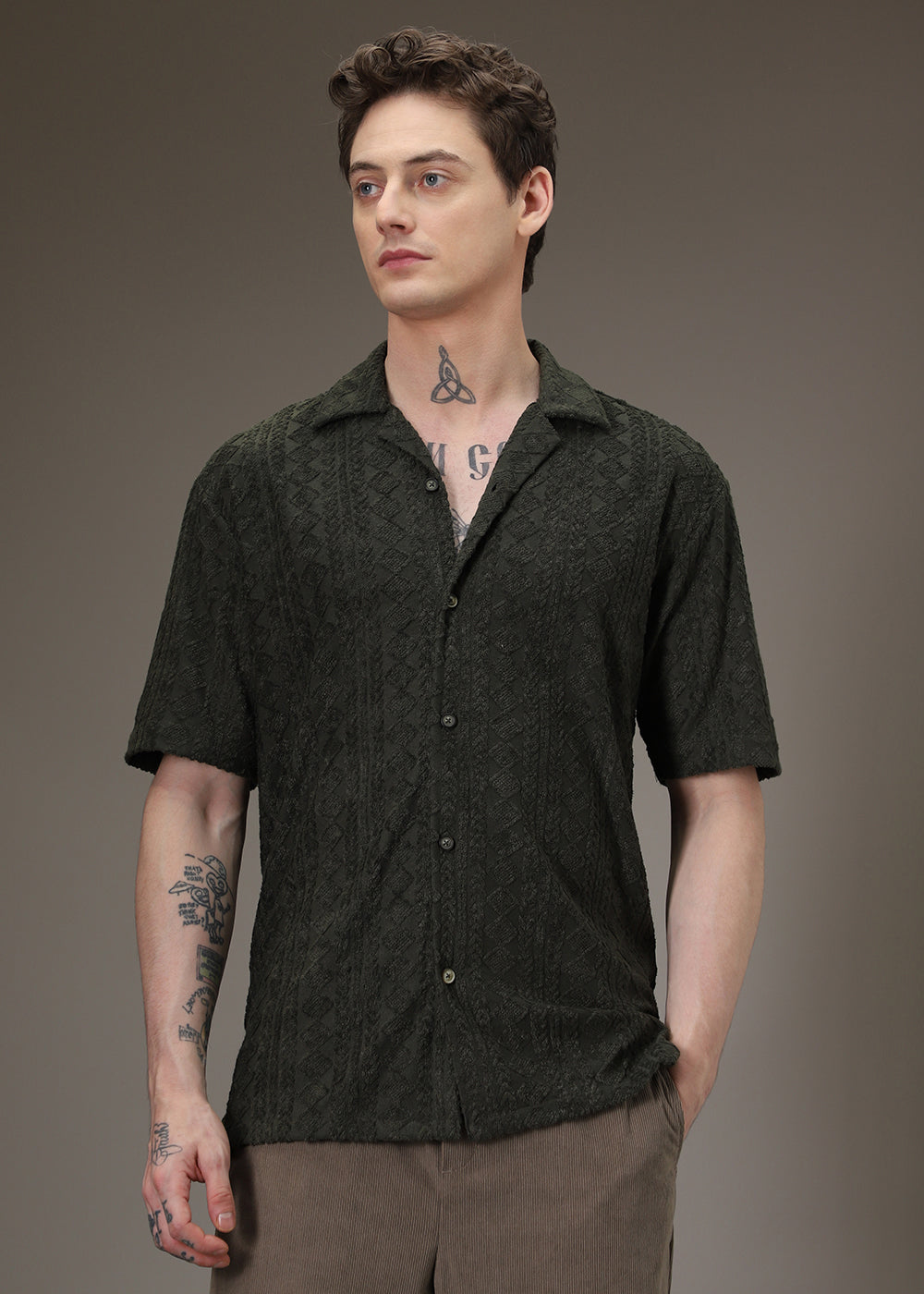 Olive Jacquard Towelling Camp Shirt