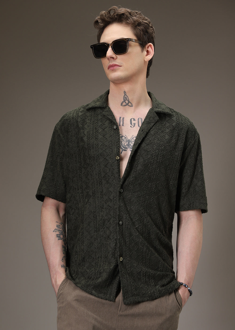 Olive Jacquard Towelling Camp Shirt