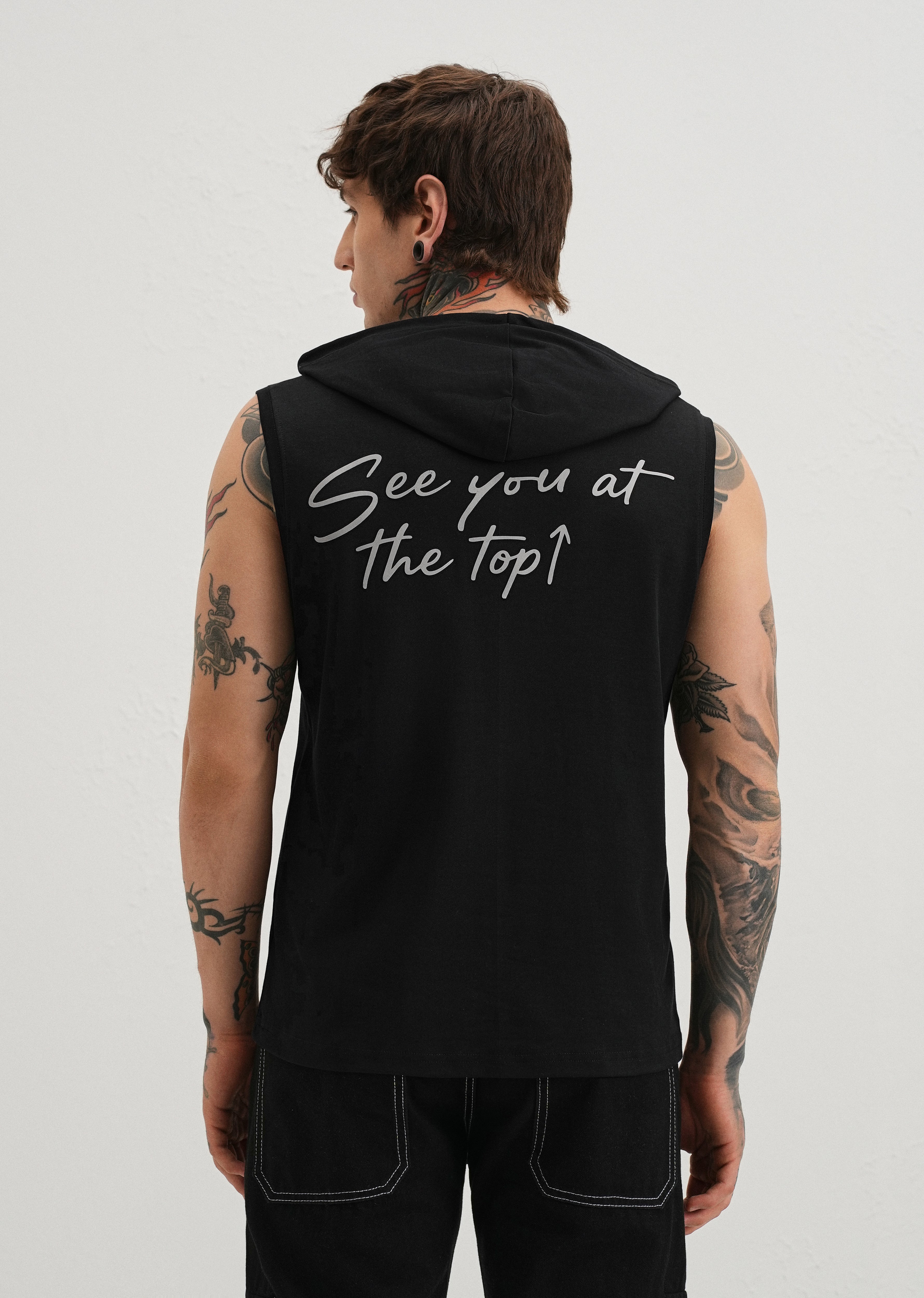 Onyx Black Typography Printed Hoodie Tank