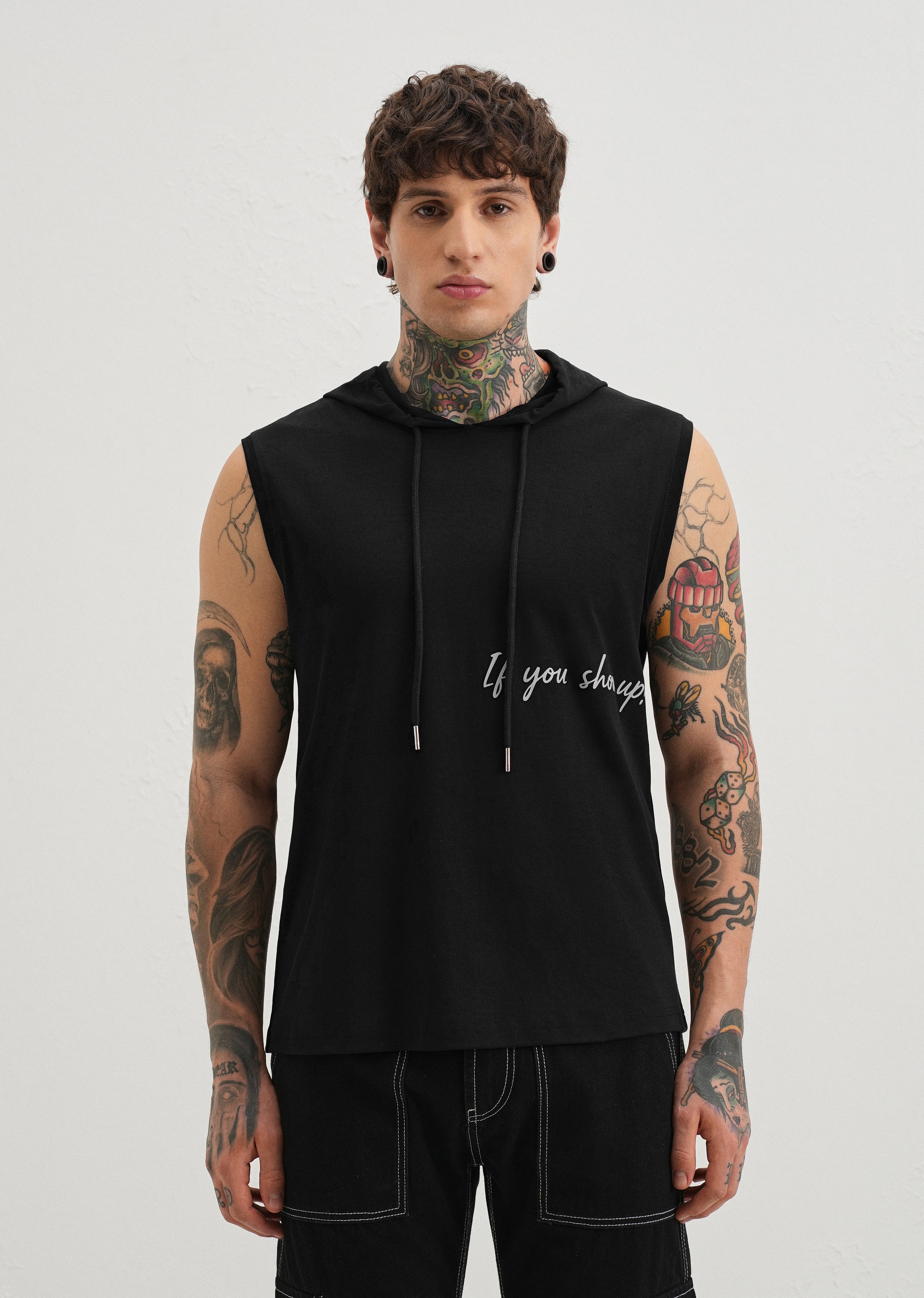 Onyx Black Typography Printed Hoodie Tank