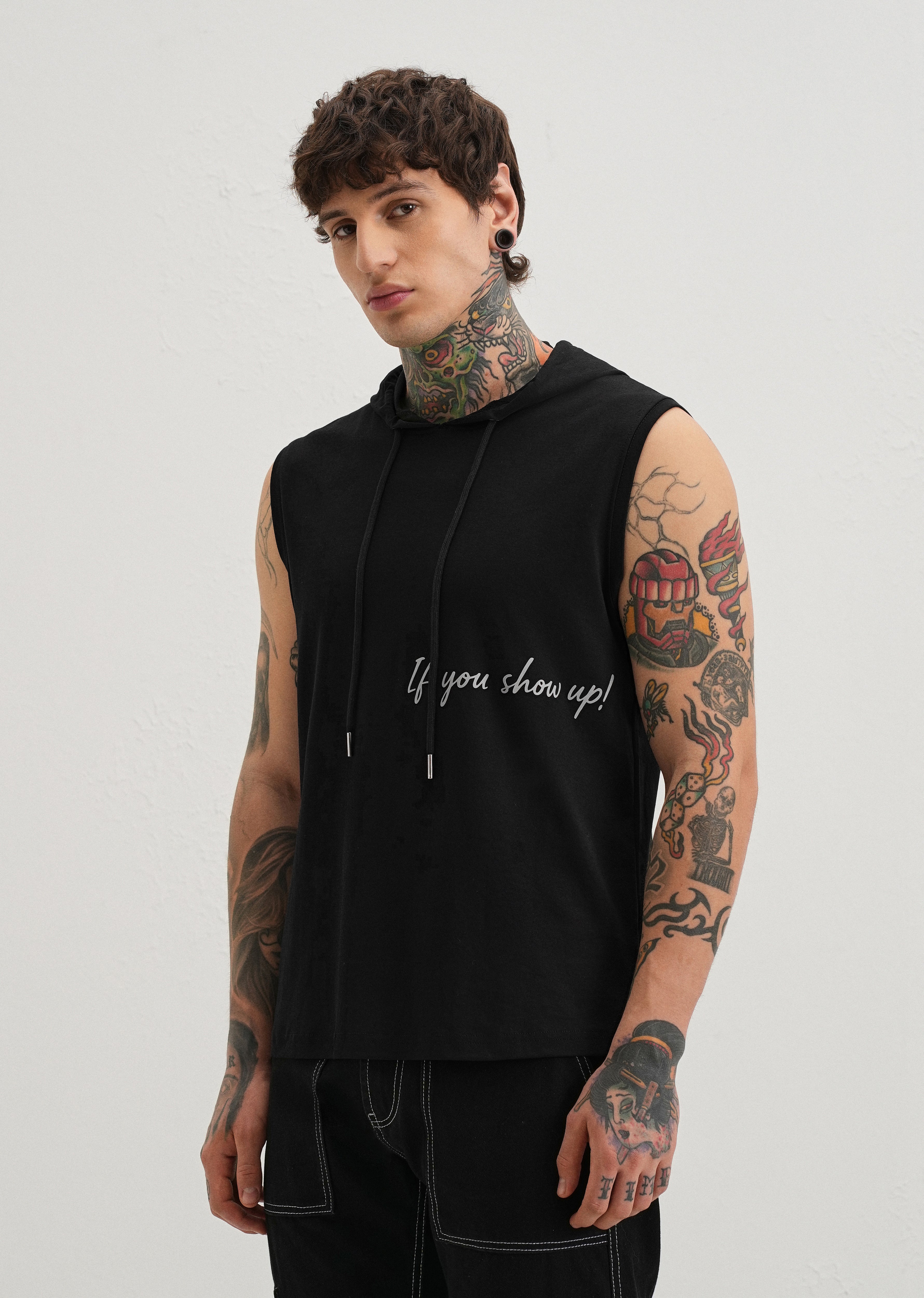 Onyx Black Typography Printed Hoodie Tank