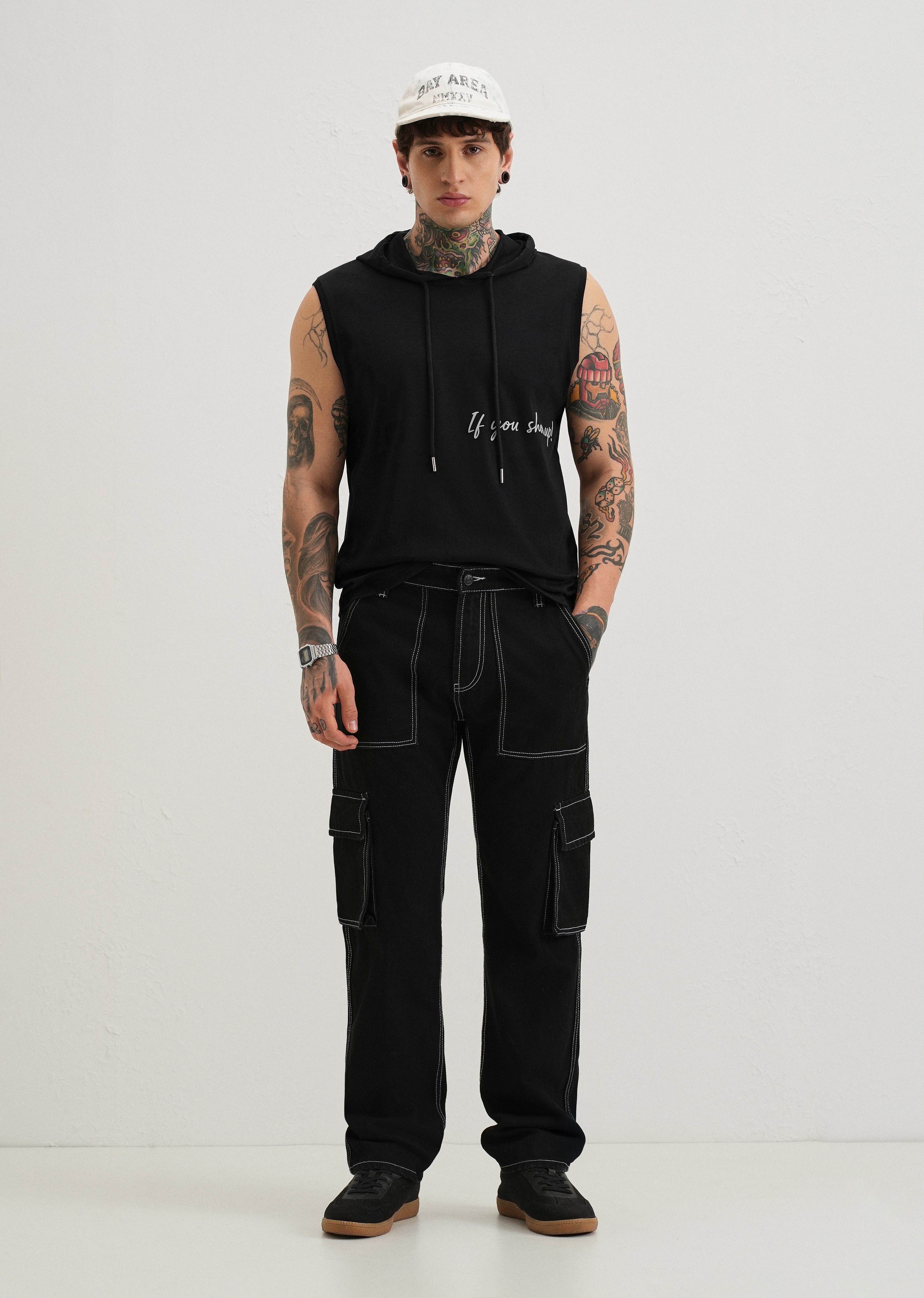 Onyx Black Typography Printed Hoodie Tank