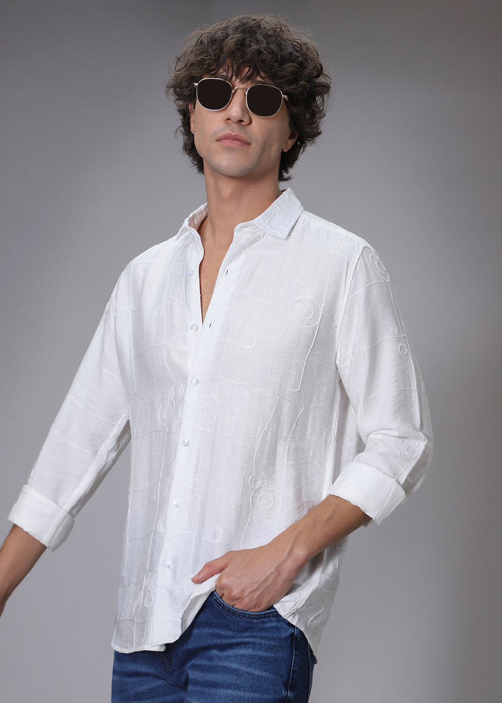 Opal White Abstract Embroidery Shirt