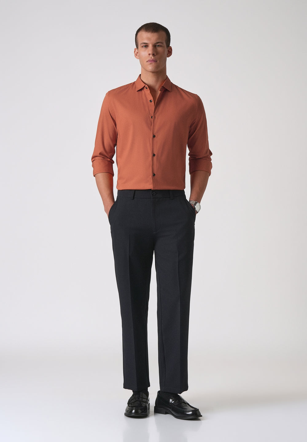 Orange Cotton Stretch Plain Shirt