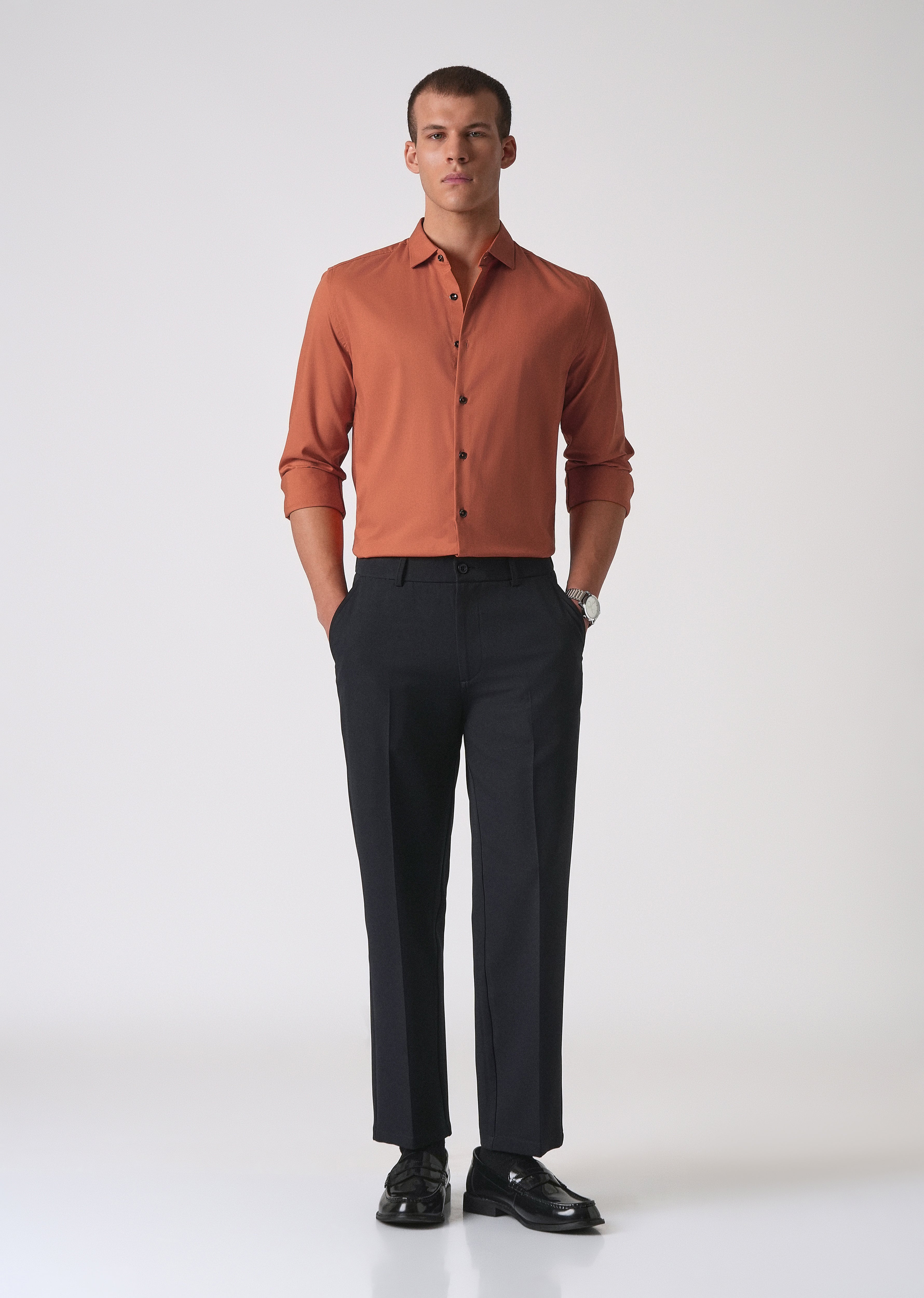 Orange Cotton Stretch Plain Shirt