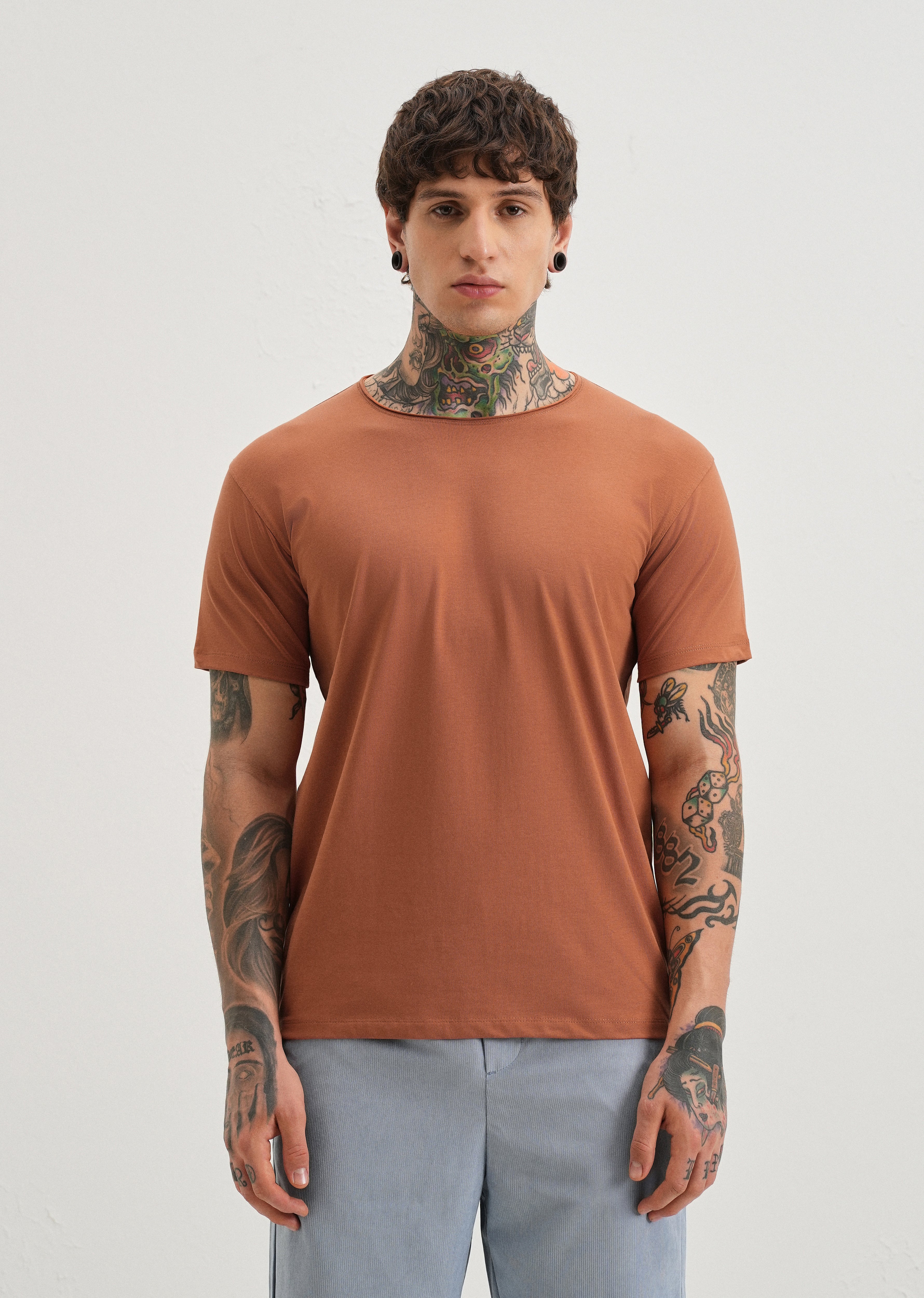 Orange Plain Crew neck T-shirt