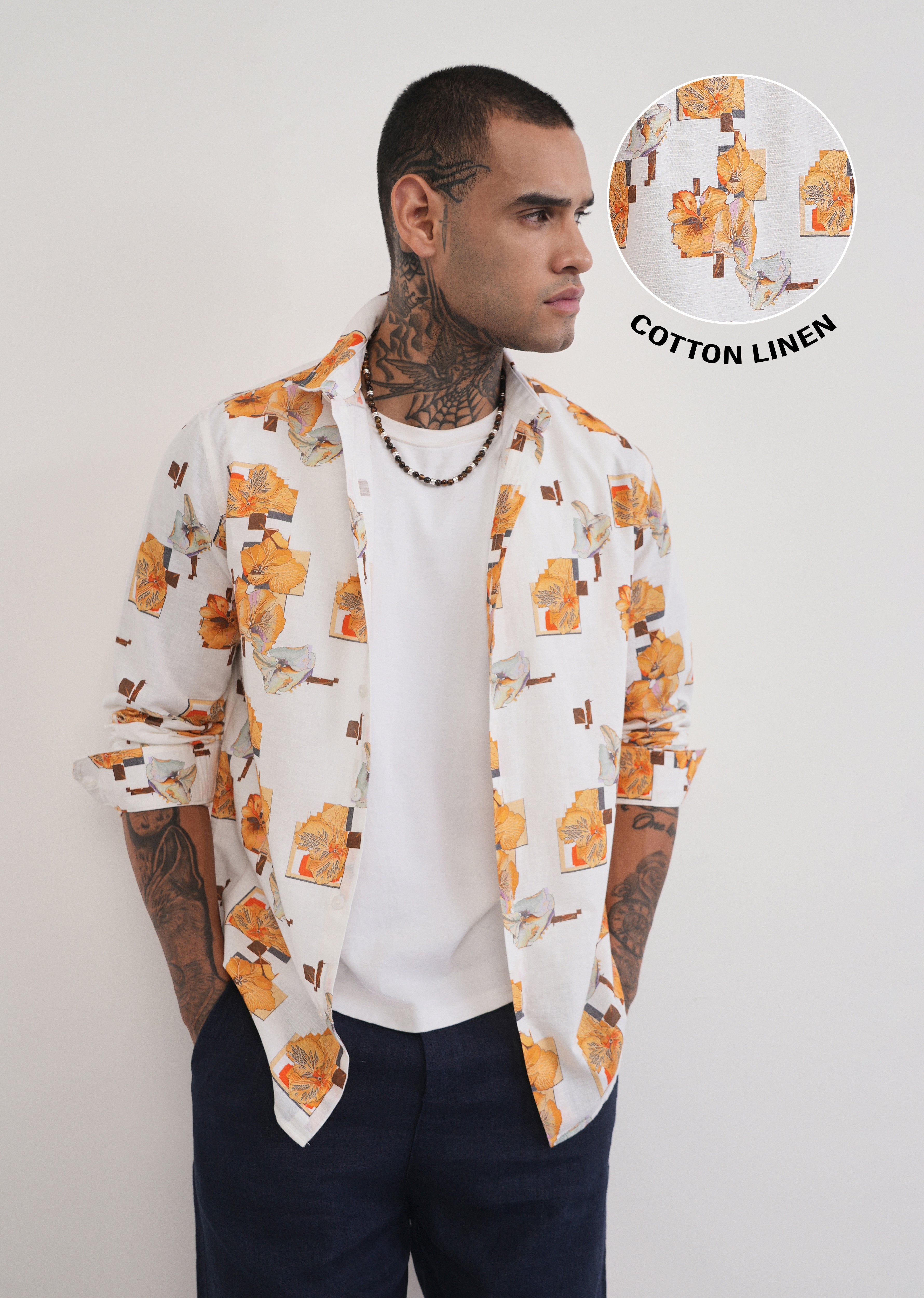 Orange Floral Print Cotton Linen Shirt