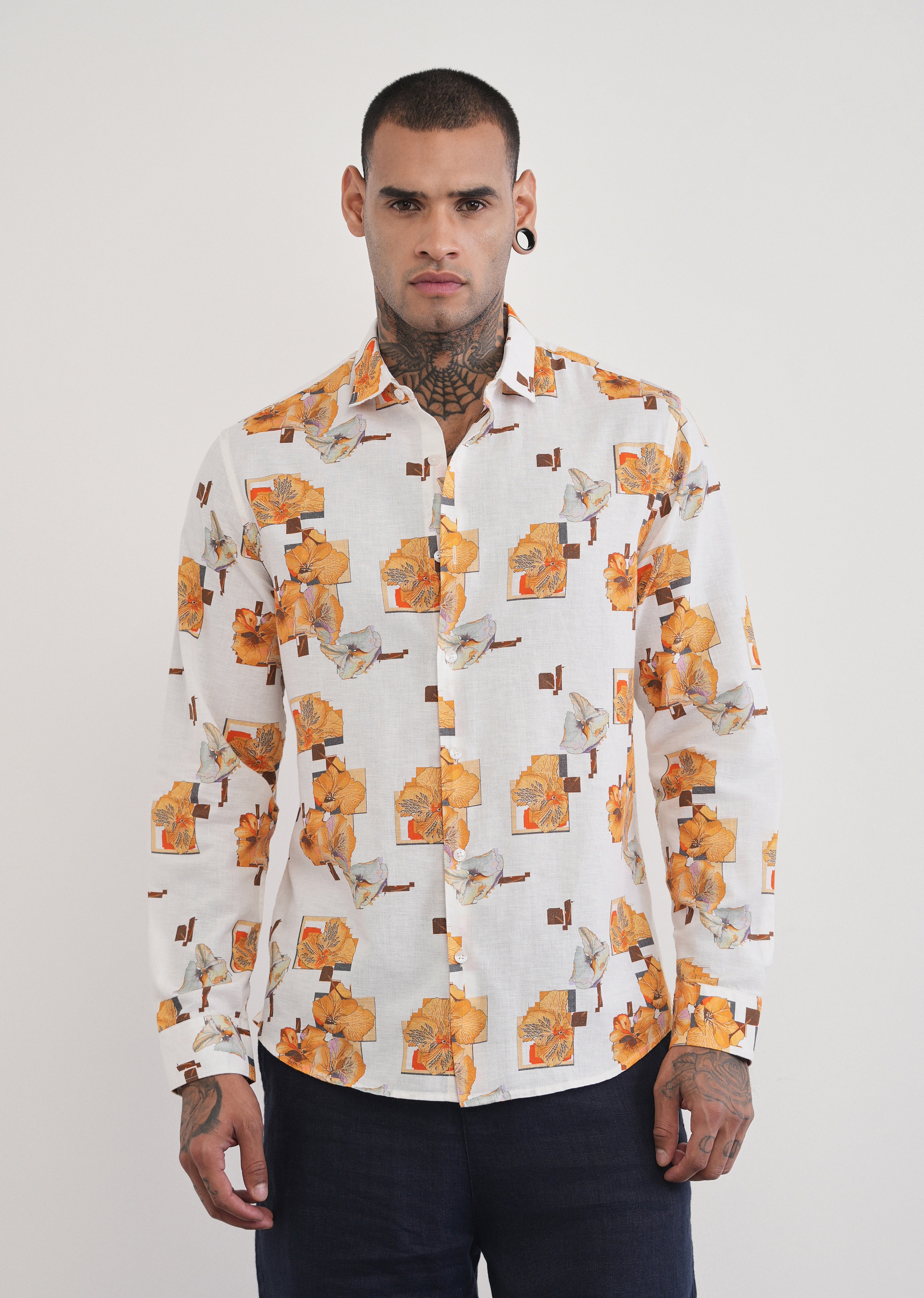 Orange Floral Print Cotton Linen Shirt