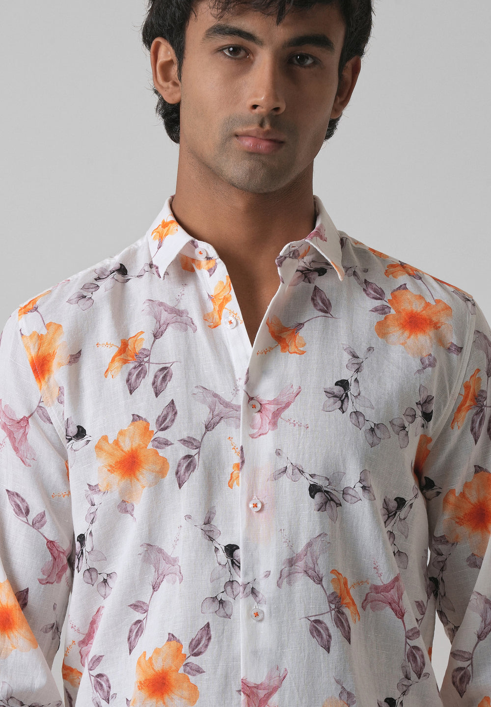 Orange Hibiscus Printed Cotton Linen Shirt
