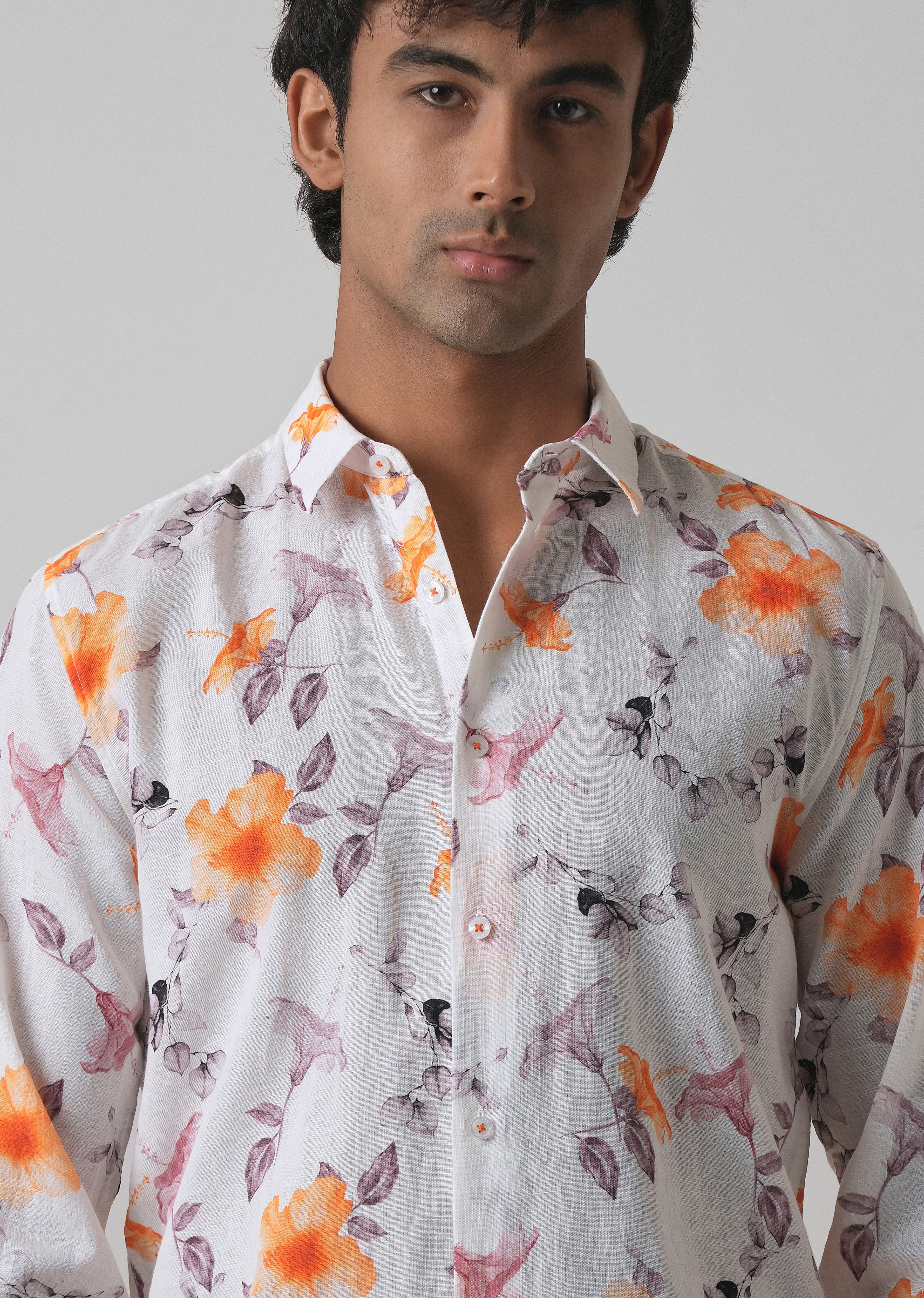 Orange Hibiscus Printed Cotton Linen Shirt