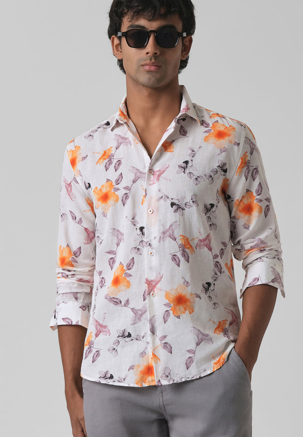 Orange Hibiscus Printed Cotton Linen Shirt
