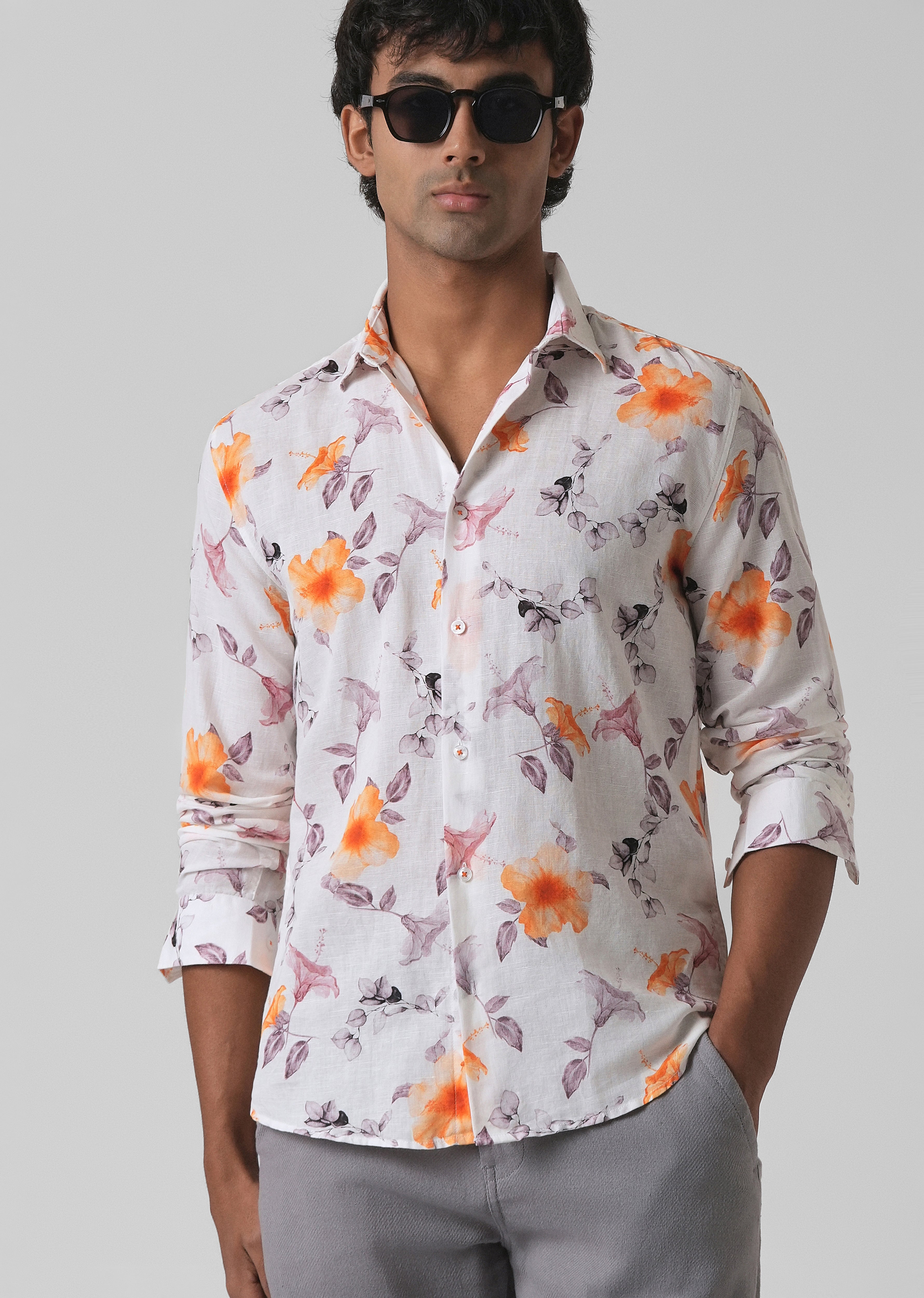 Orange Hibiscus Printed Cotton Linen Shirt