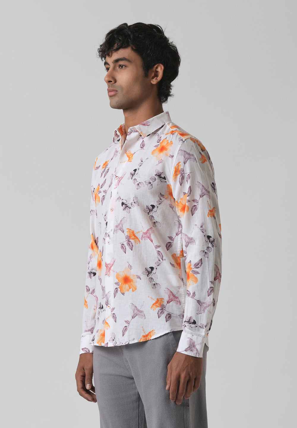 Orange Hibiscus Printed Cotton Linen Shirt