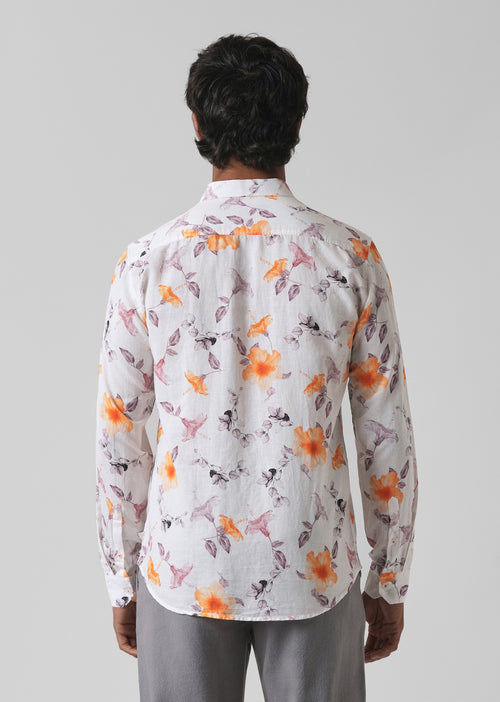 Orange Hibiscus Printed Cotton Linen Shirt