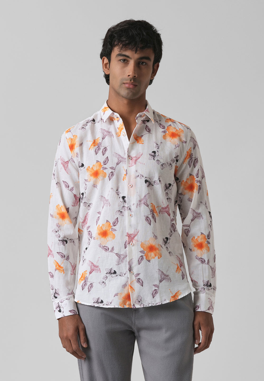 Orange Hibiscus Printed Cotton Linen Shirt