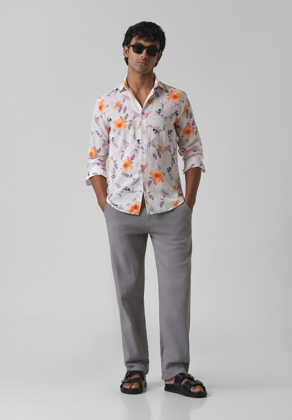 Orange Hibiscus Printed Cotton Linen Shirt