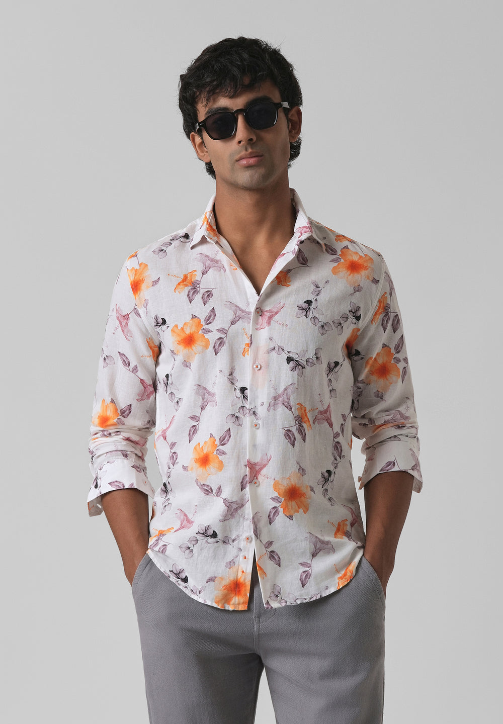 Orange Hibiscus Printed Cotton Linen Shirt