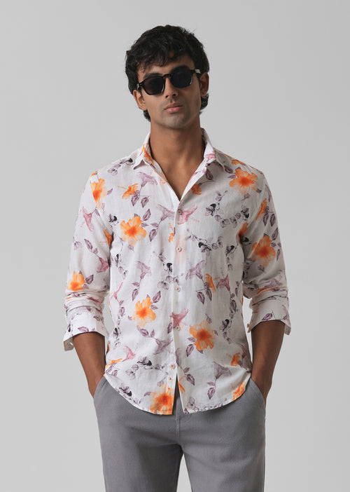 Orange Hibiscus Printed Cotton Linen Shirt