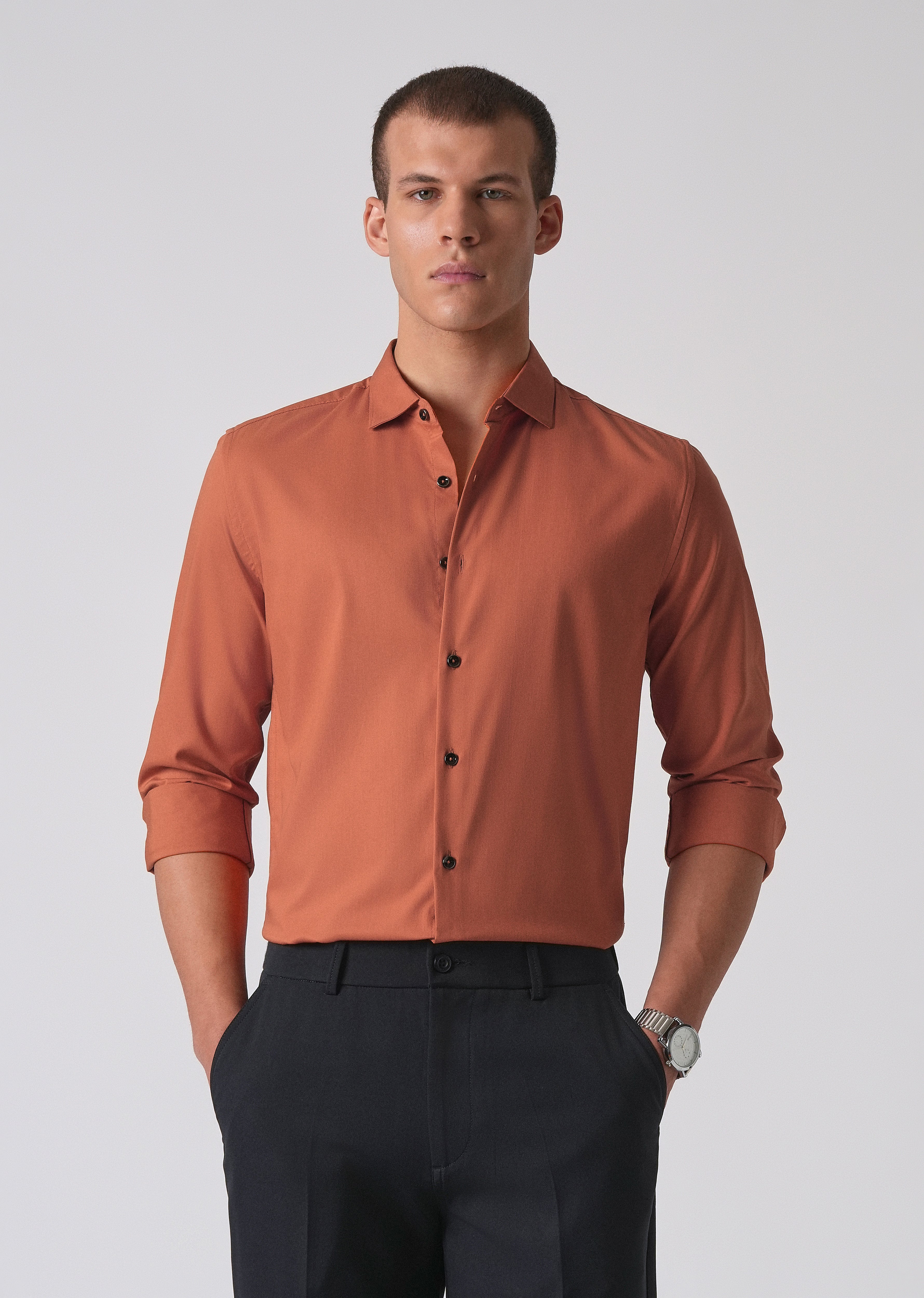 Orange Cotton Stretch Plain Shirt