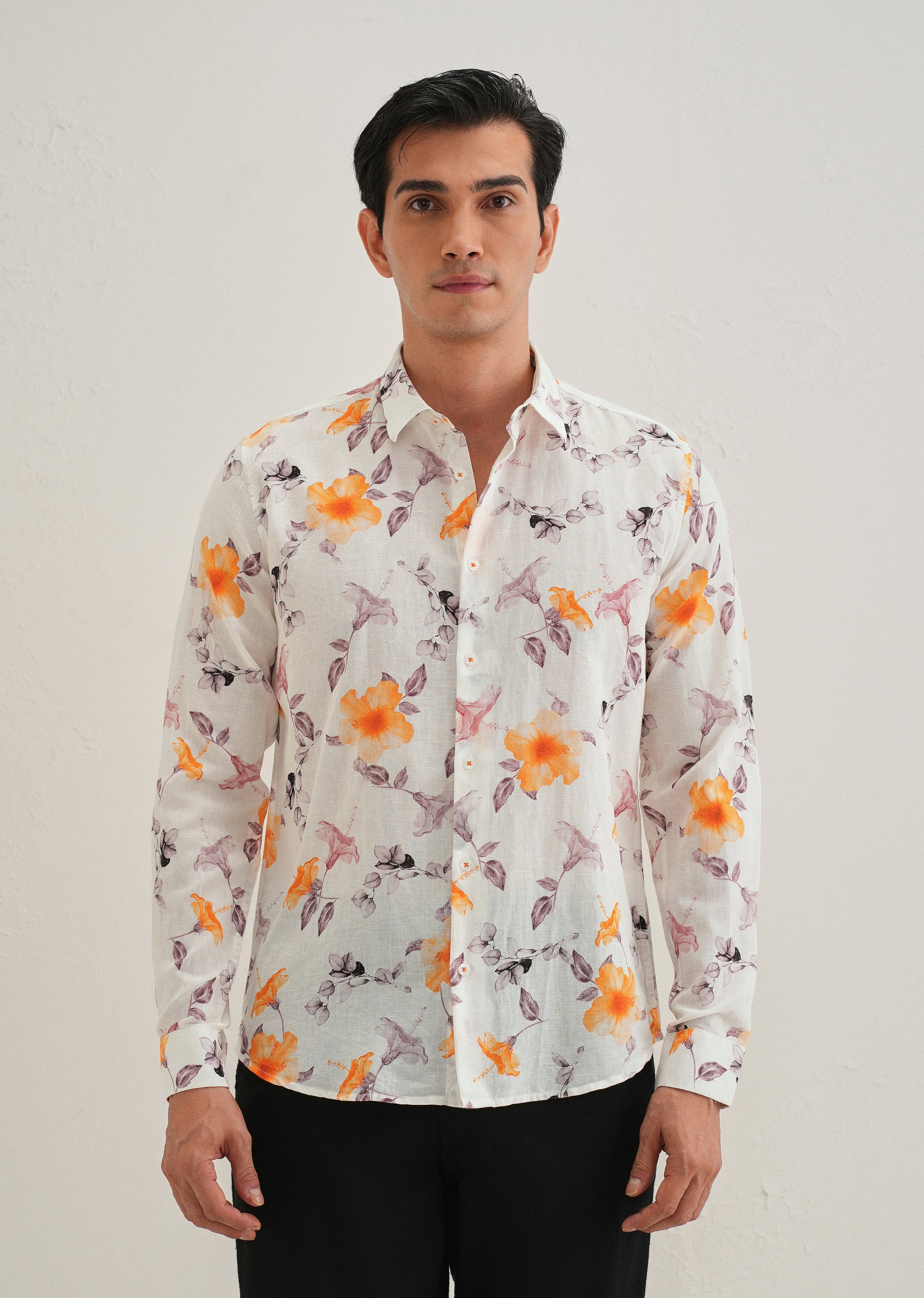 Orange Hibiscus Printed Cotton Linen Shirt