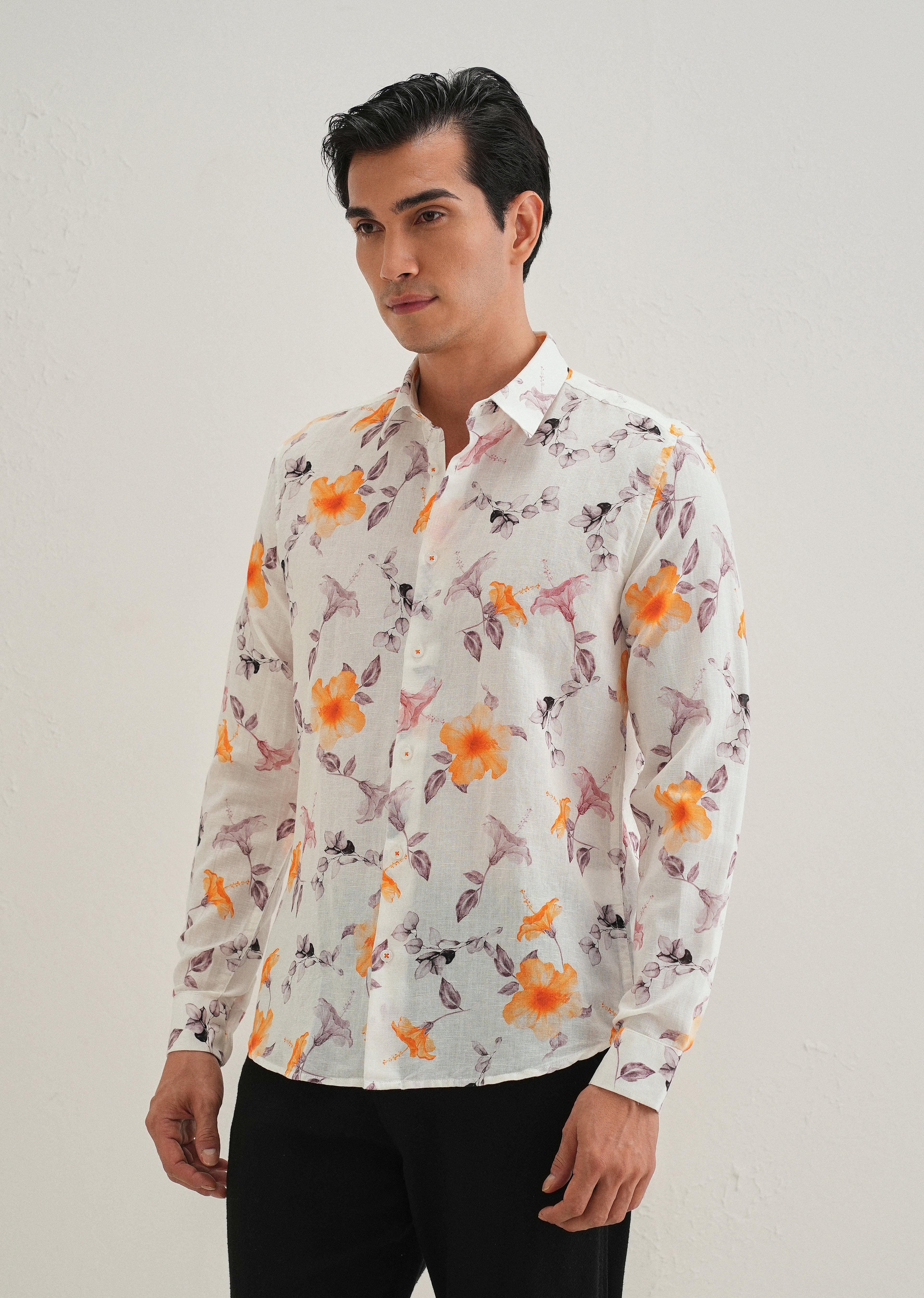 Orange Hibiscus Printed Cotton Linen Shirt